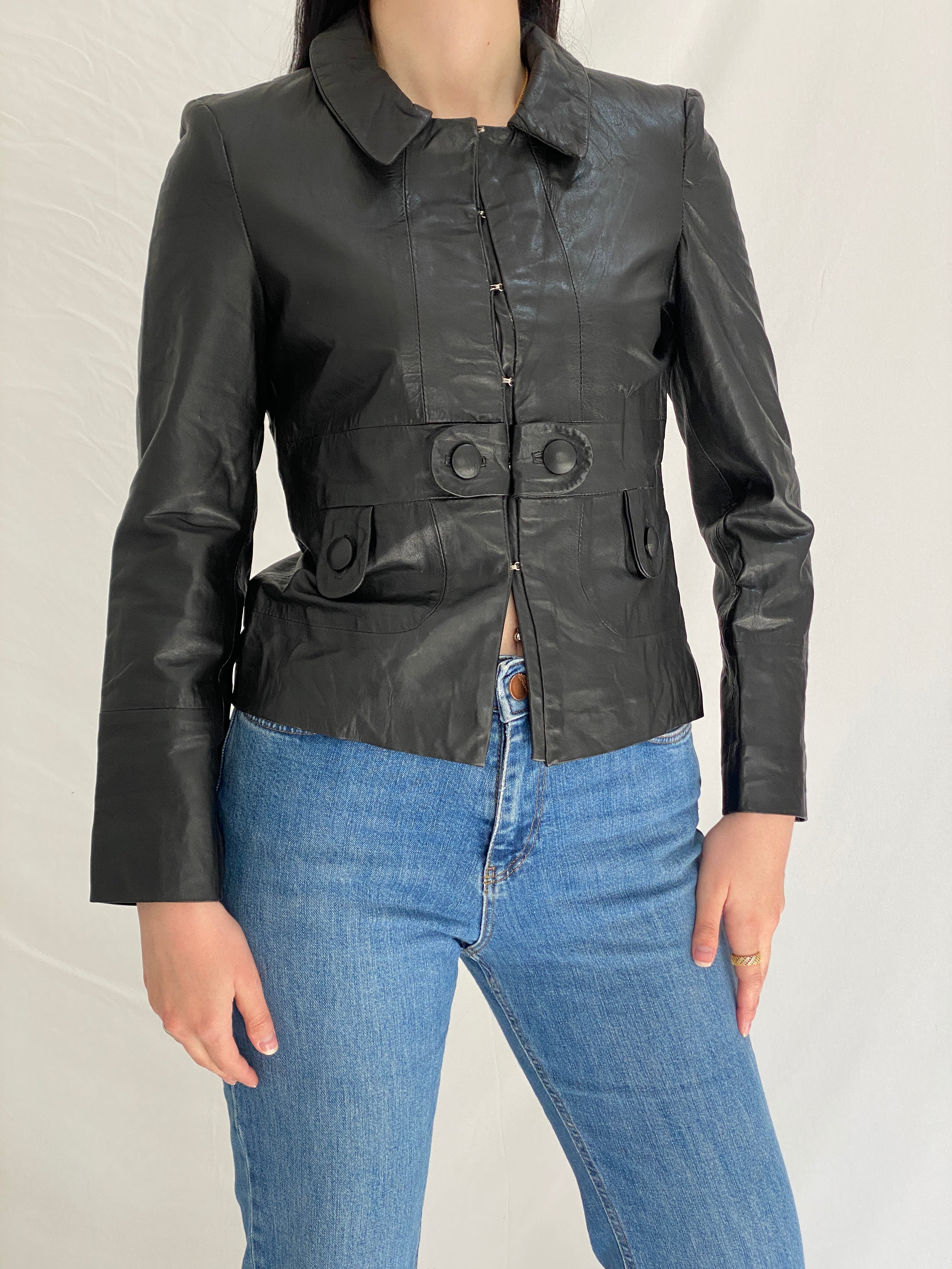 Vintage BOSS Black Genuine Leather Jacket Minimalist Tailored Y2K Fitted Leather Jacket - S