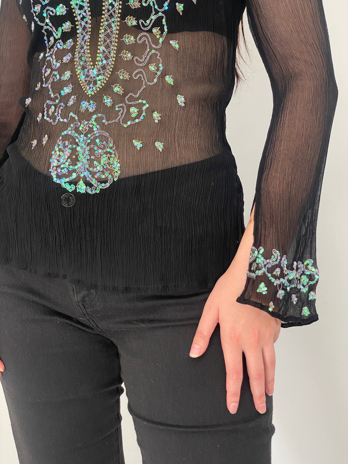 Vintage Venus Black Silk Sheer Sequin Embroidered Blouse – S