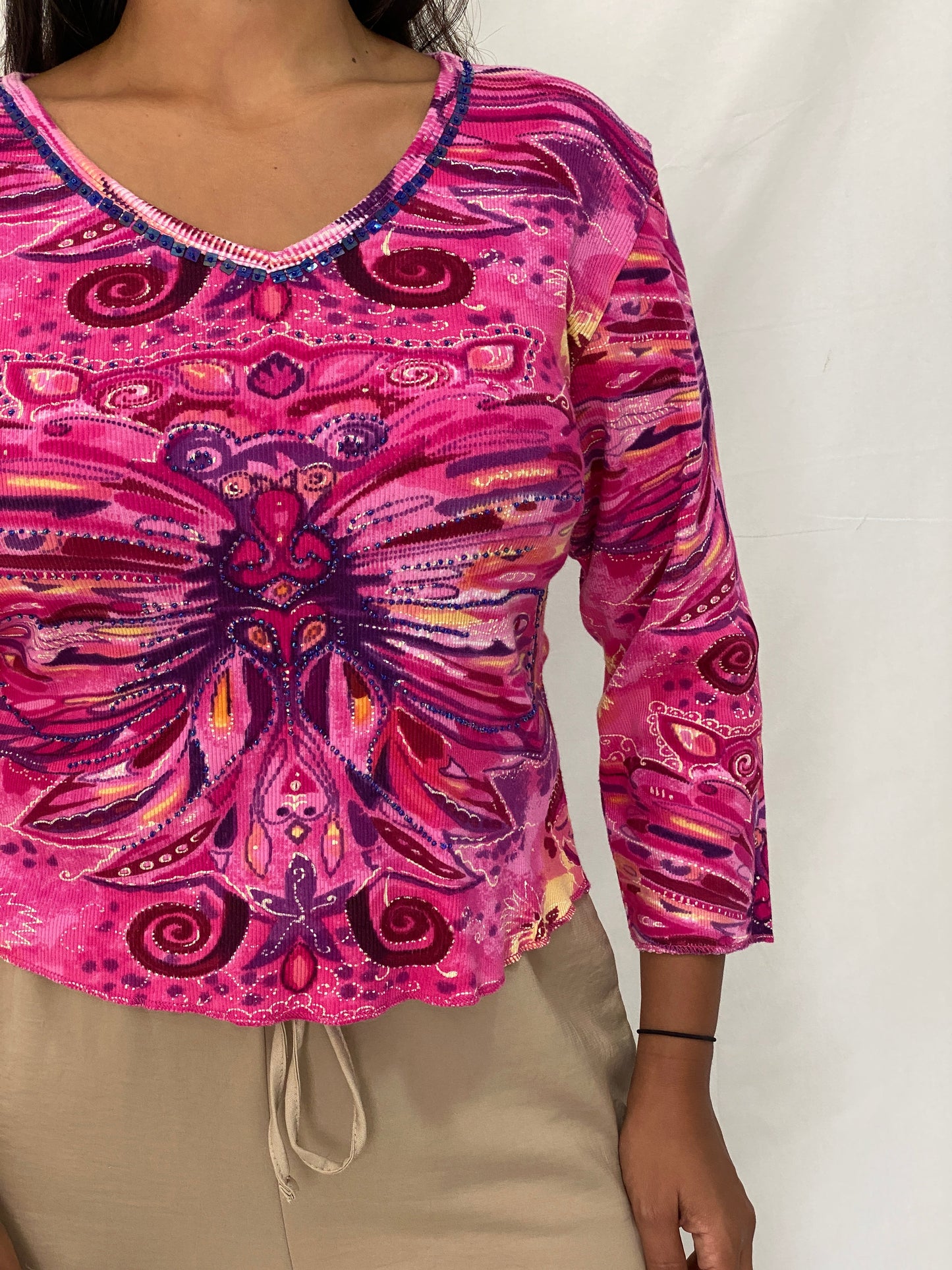 Vintage Y2K Phool Beaded Graphic Top Pink Psychedelic Butterfly Print Long Sleeve Tee - L