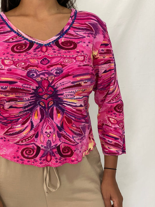 Vintage Y2K Phool Beaded Graphic Top Pink Psychedelic Butterfly Print Long Sleeve Tee - L