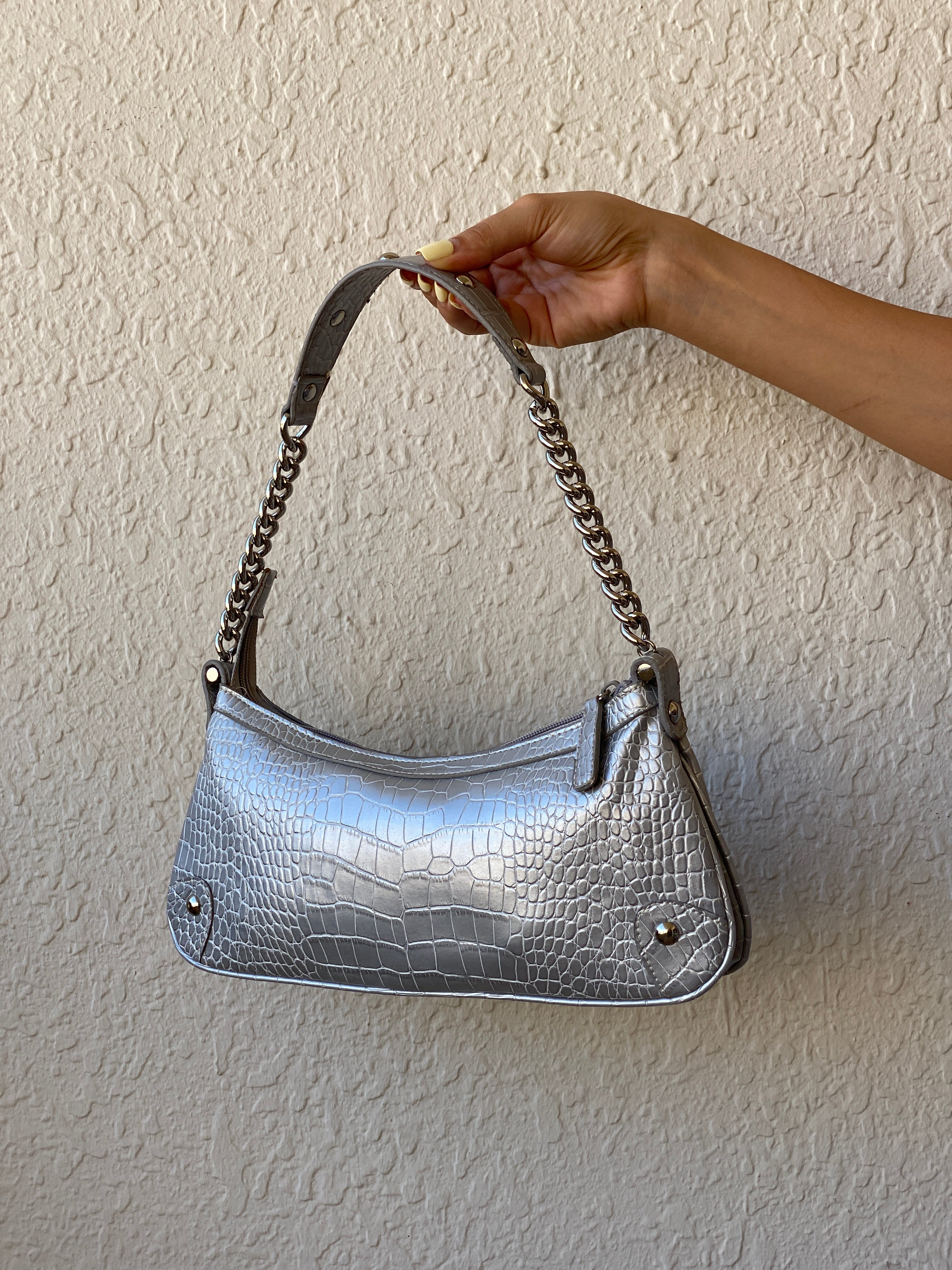 Nine West Silver Croc Embossed Shoulder Bag – Y2K Chain Strap Purse