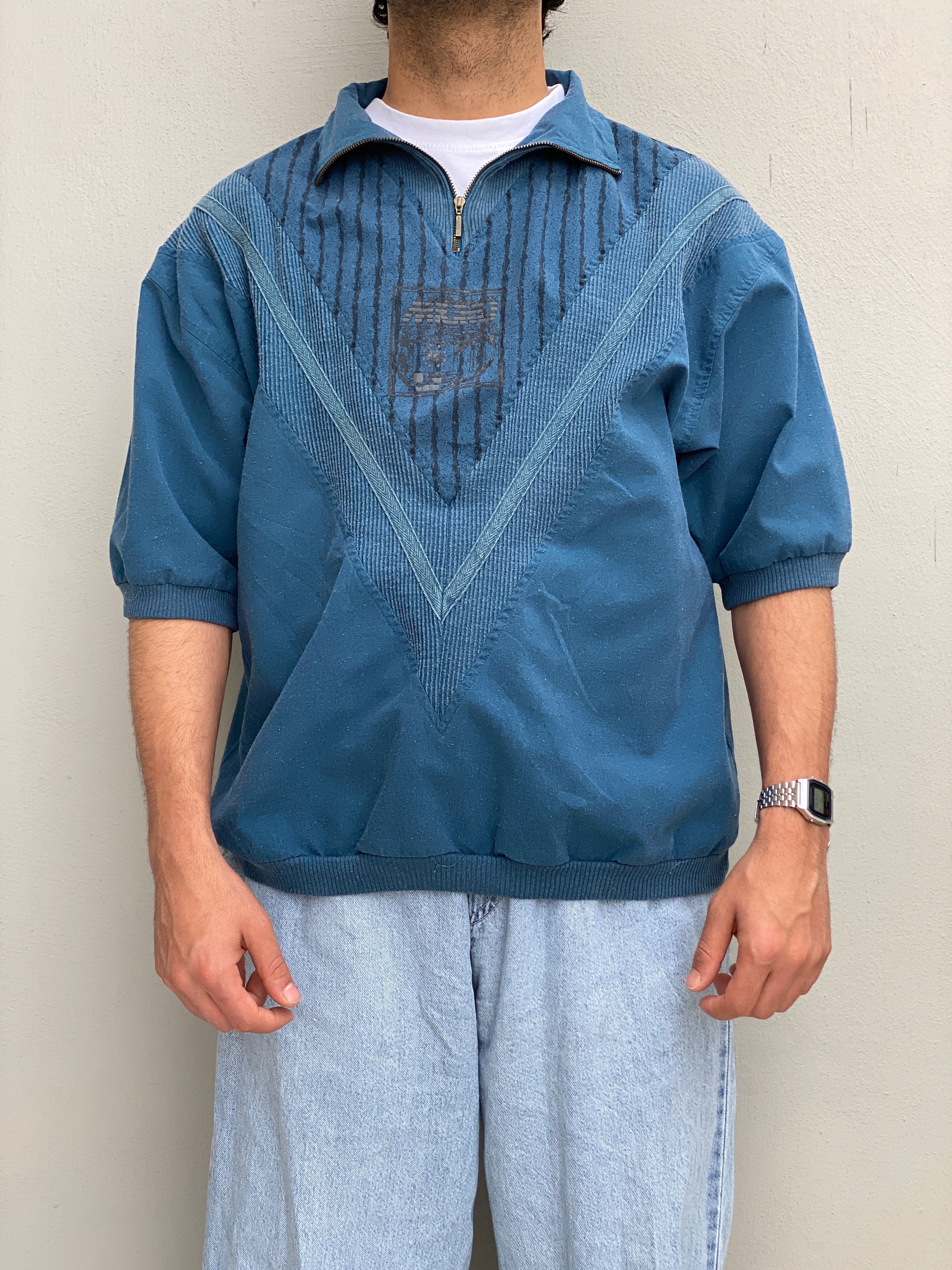 Vintage 90s Blue Men’s Quarter Zip Textured Cotton Blend Pullover Top – M