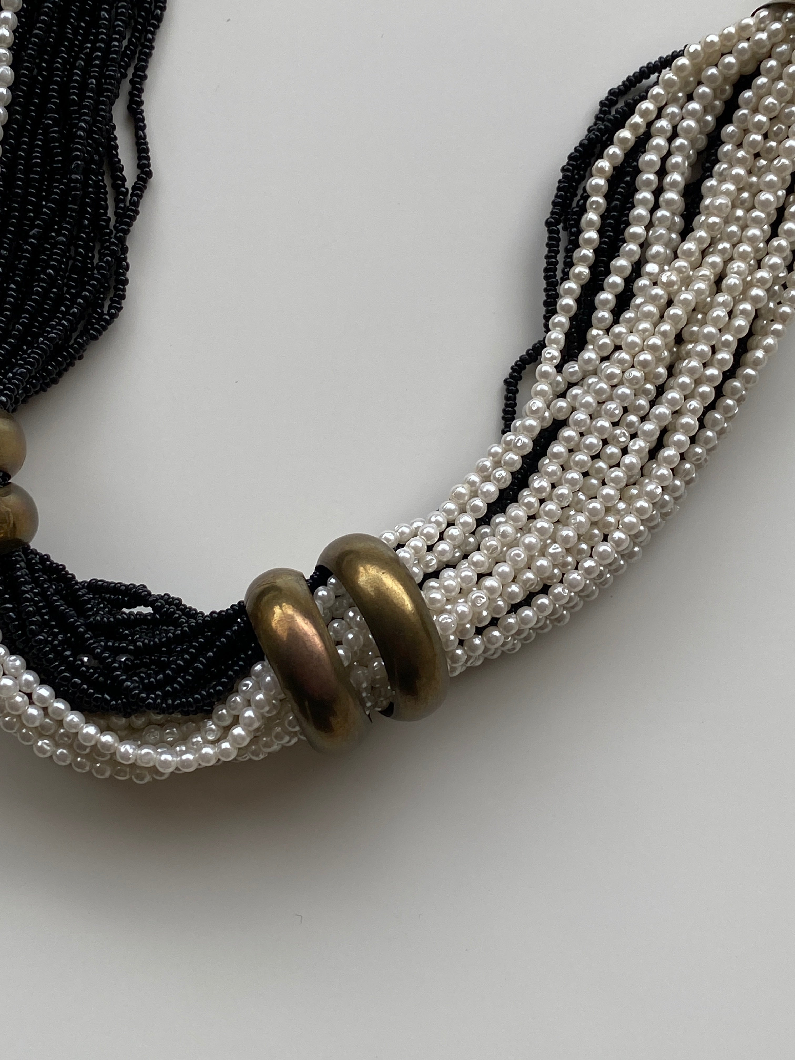 Vintage 90s Black & White Multi-Strand Faux Pearl Torsade Necklace with Brass Hardware