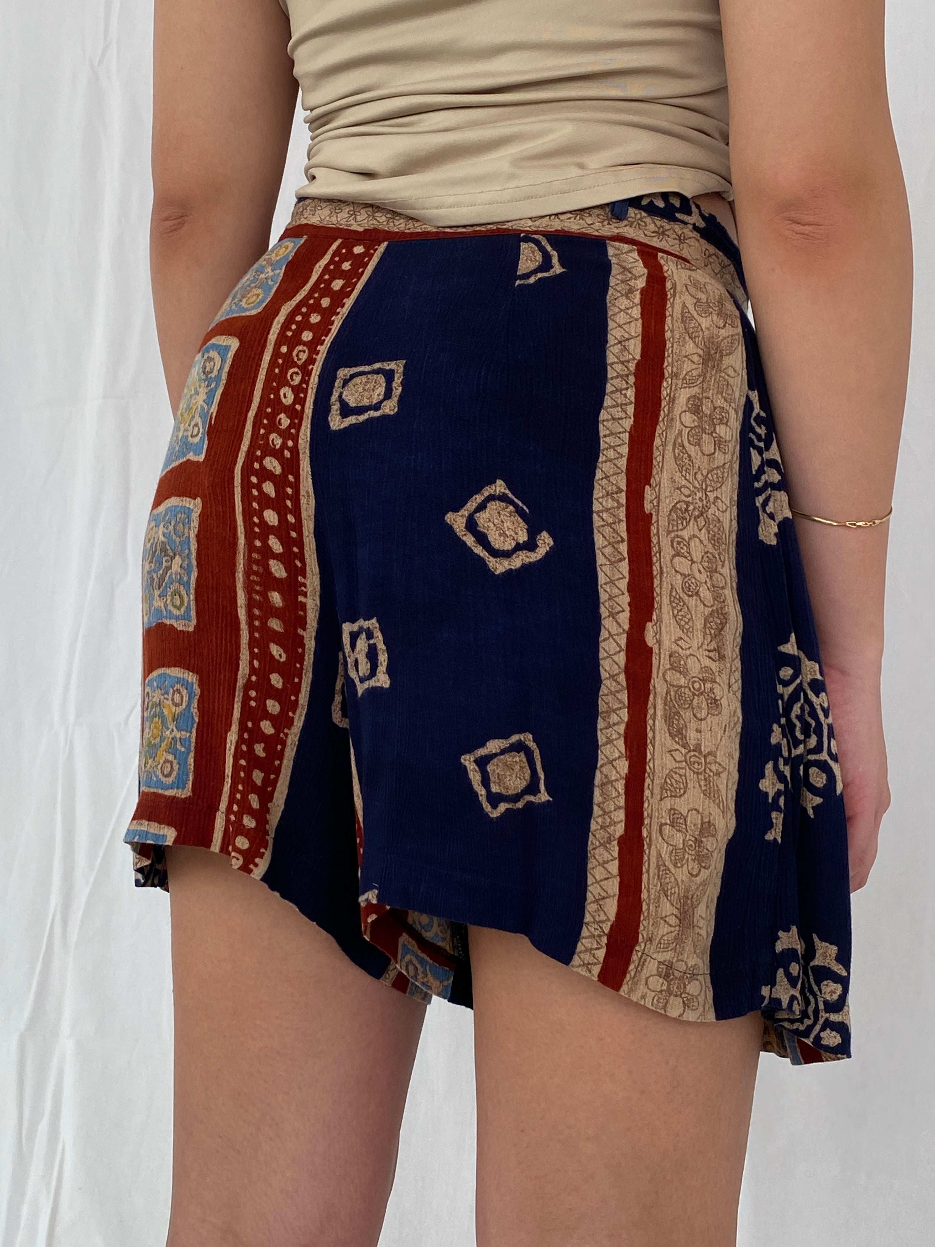 Vintage 90s Bem’s Paris Boho Print Navy Skorts - Size L - Balagan Vintage Shorts 00s, NEW IN, printed shorts, Rama, shorts, vintage shorts