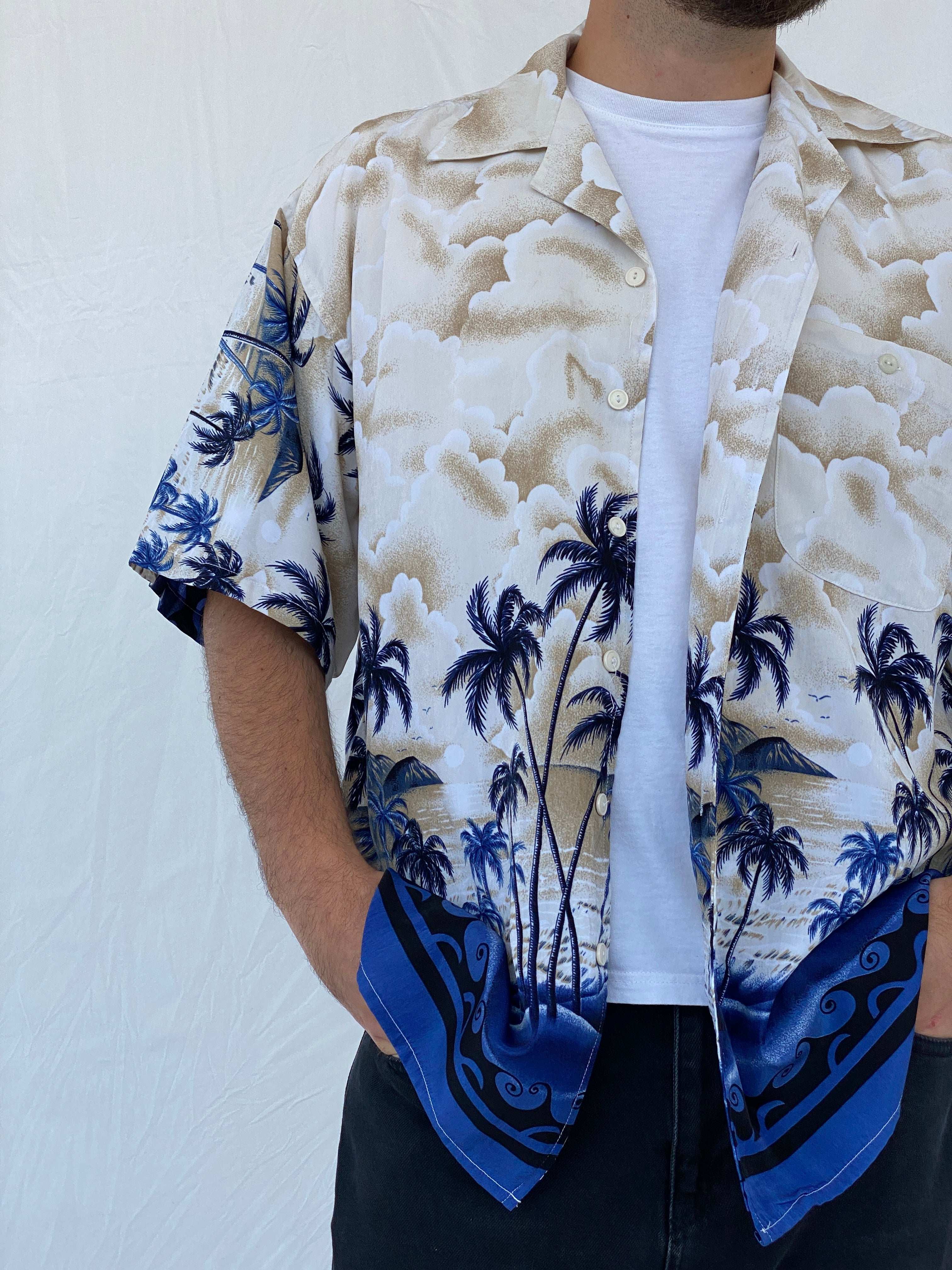 Vintage Ferugini Hawaiian Blue and Beige Palm Trees Hawaii Shirt - L - Balagan Vintage Half Sleeve Shirt 90s, half sleeve shirt, Hawaiian shirt, Iyad, mens shirt, NEW IN, printed shirt