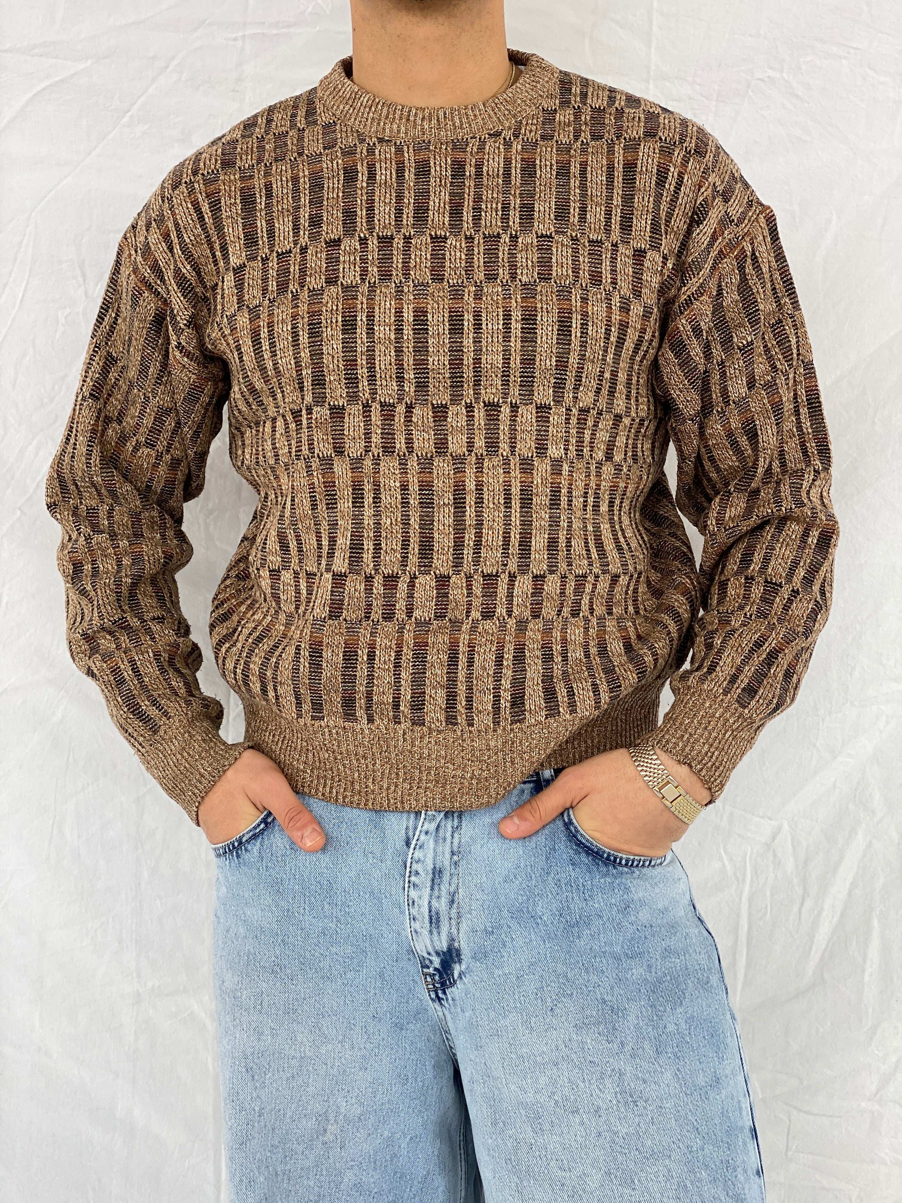 Vintage 90s David Taylor Beige And Brown Knitted Sweater - Size M
