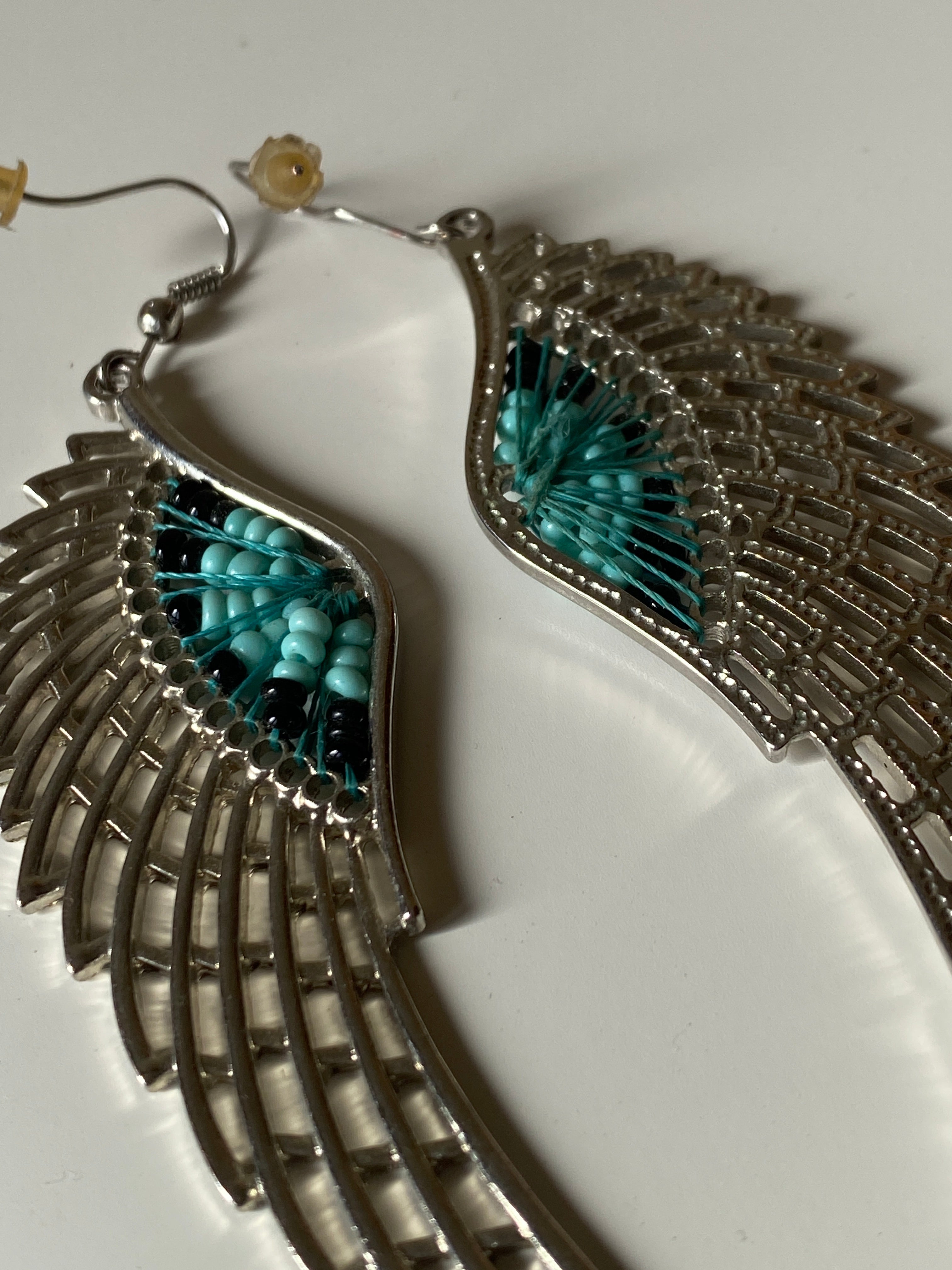 Vintage Silver Tone Angel Wing Turquoise Bead Inlay Boho Dangle Earrings