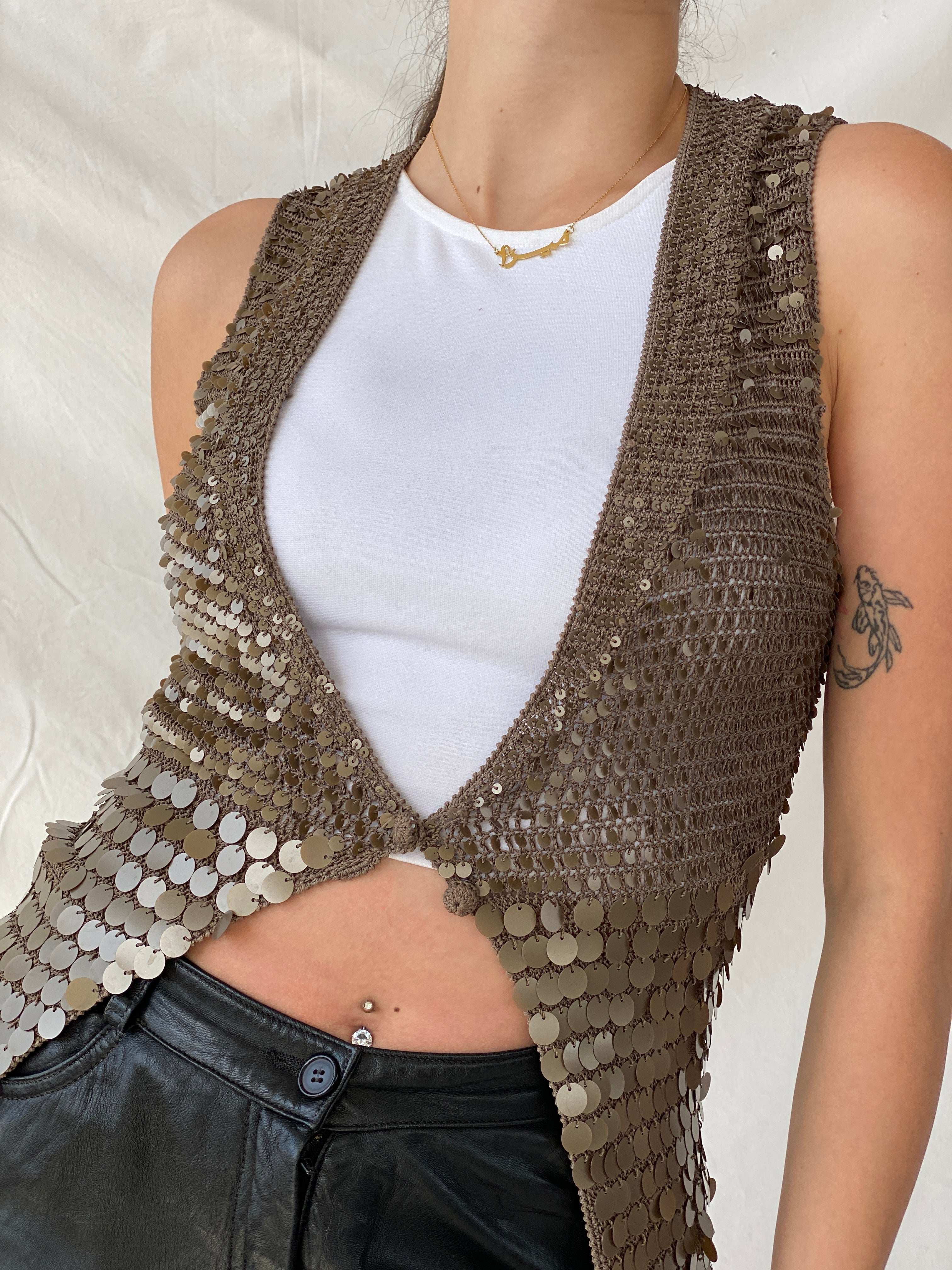 00s Superstar Olive Green Coined Crochet Vest - S/M