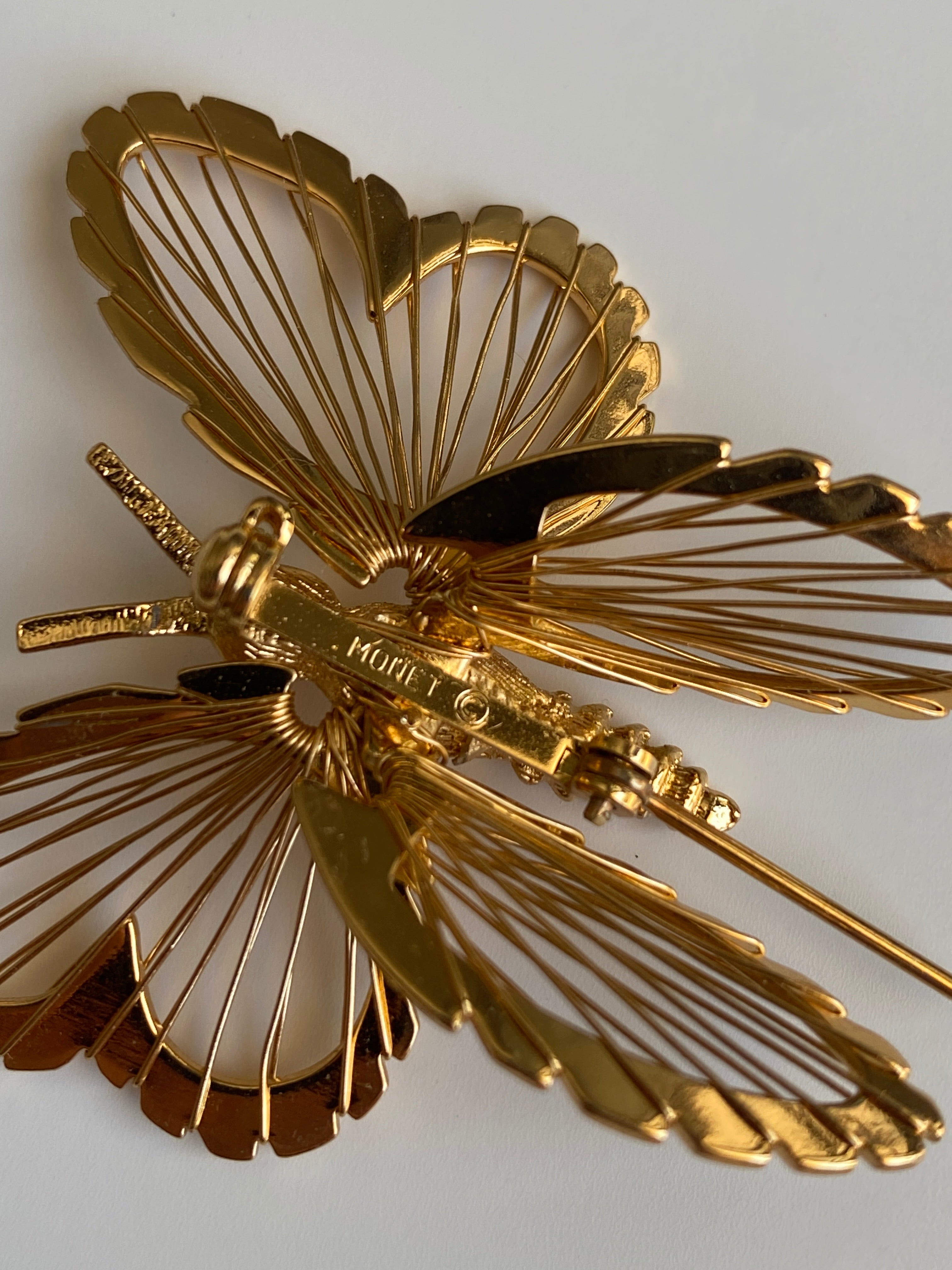 Vintage Monet Gold Tone Openwork Wire Butterfly Brooch Sculptural Pin