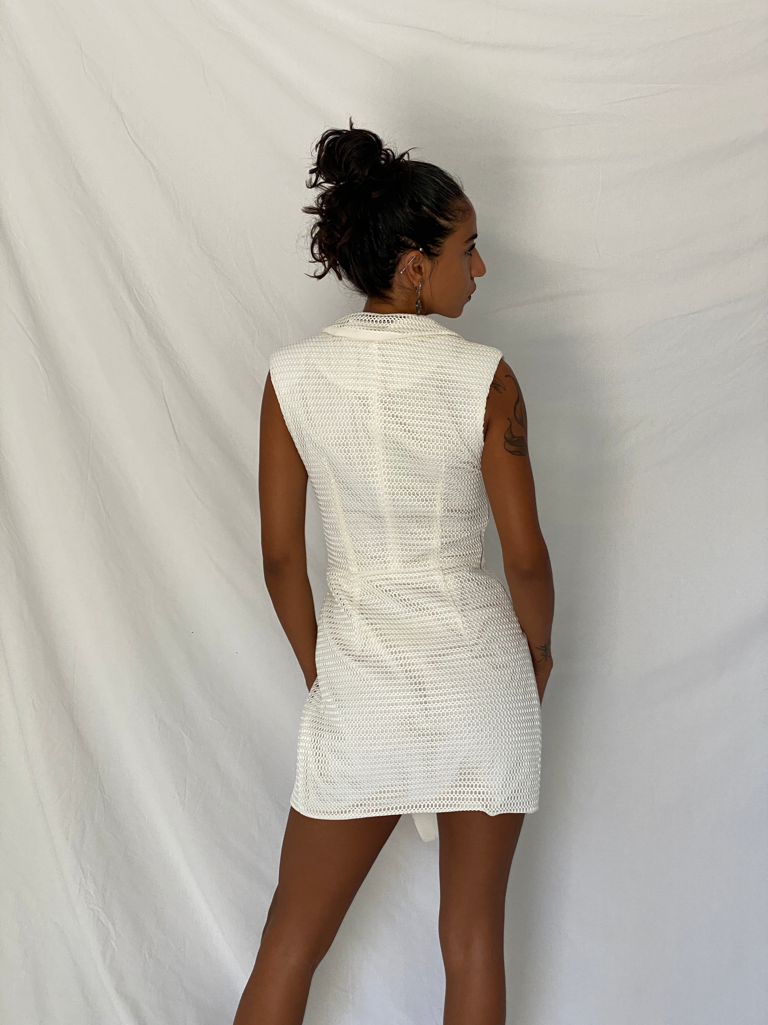 Self-Portrait White Mesh Black Lapel Asymmetric Tuxedo Mini Dress - XS