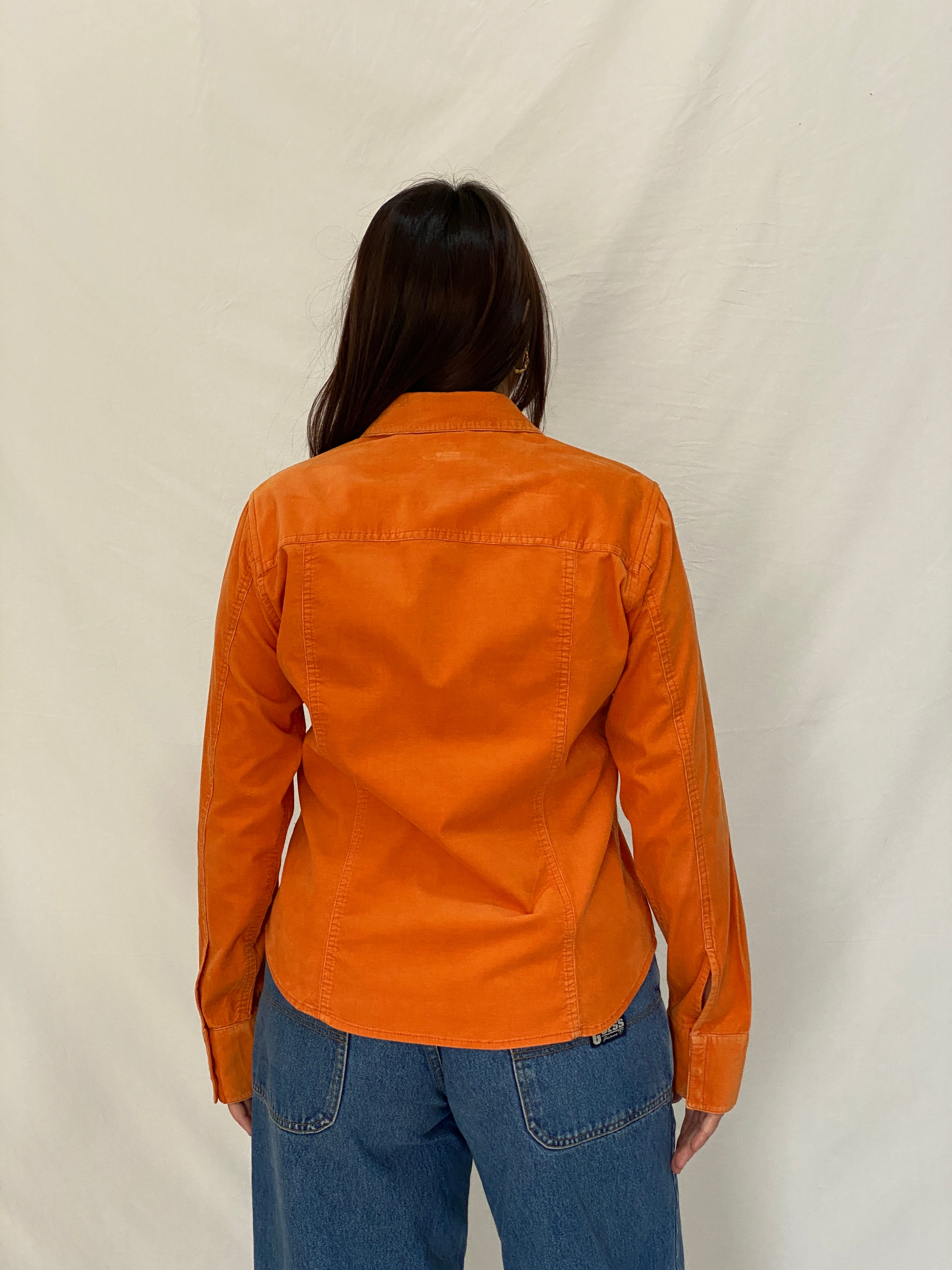 Y2K Liz Claiborne Orange Corduroy Lightweight Full Sleeve Shirt - M