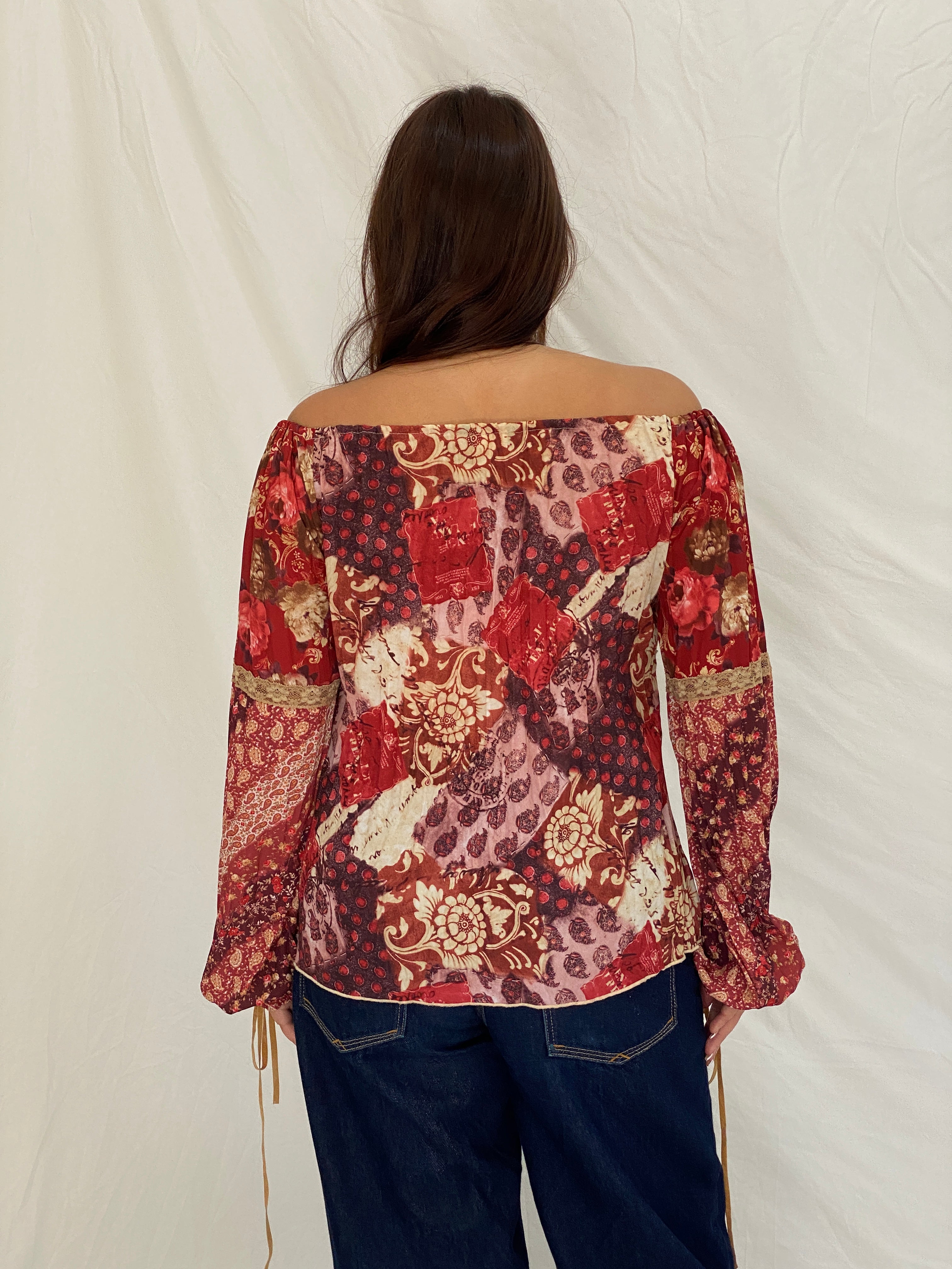 Vintage Y2K Fresh Wear Burgundy Patchwork Cottagecore Peasant Blouse - M
