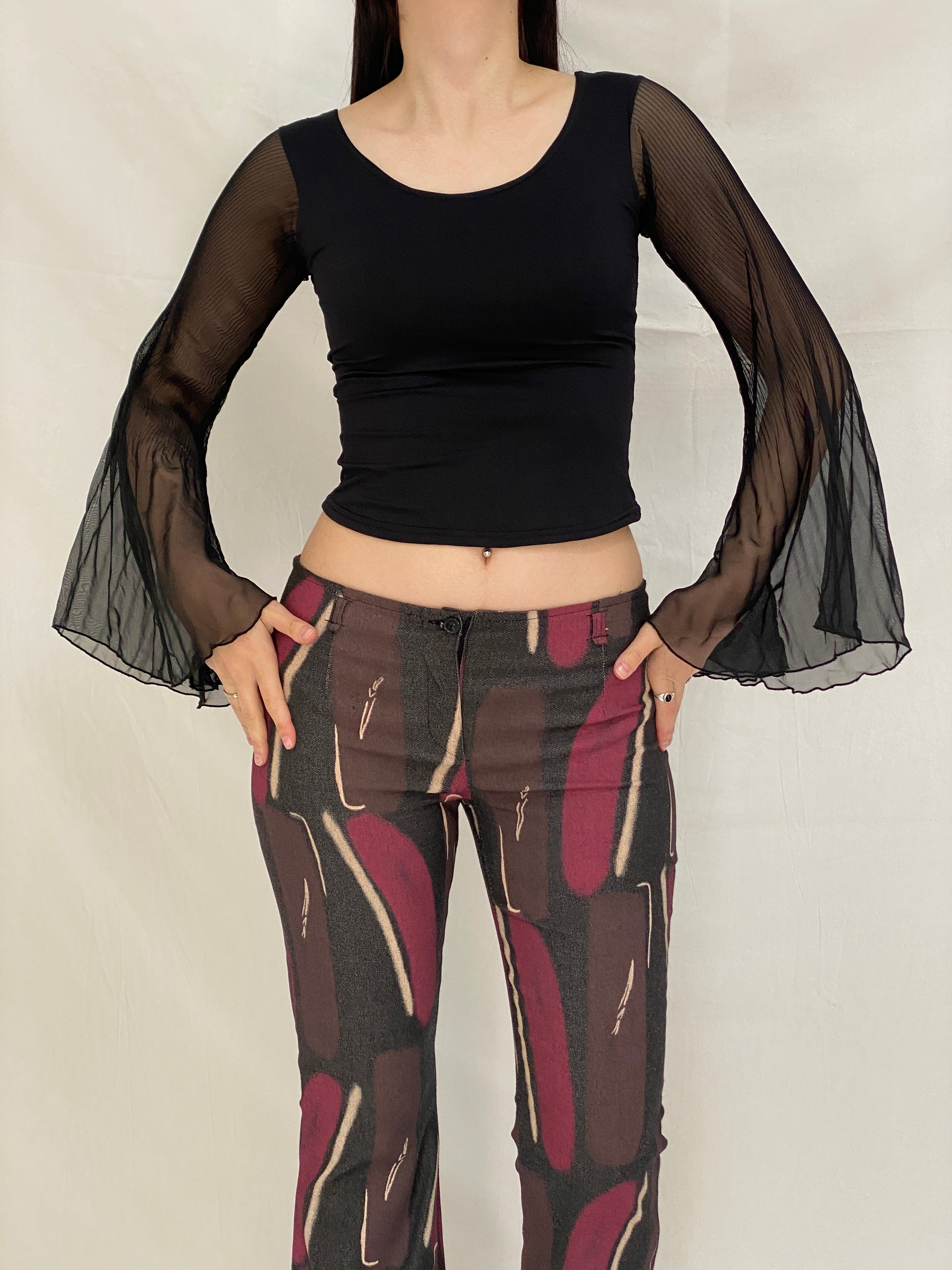 Vintage Y2K Xanaka Black Sheer Bell Long Sleeve Whimsy Goth Top – S