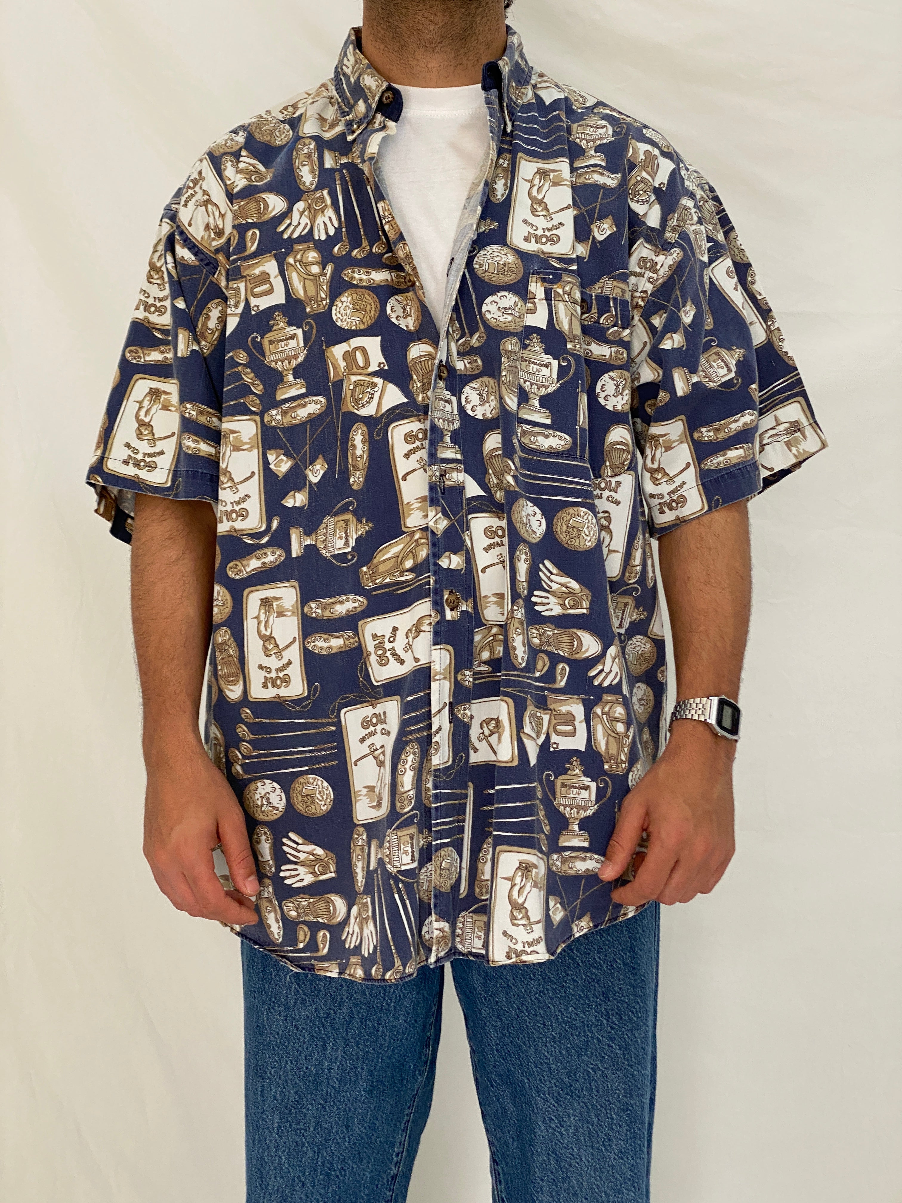 Vintage J.Riggings Golf Print Cotton Shirt Blue Beige Novelty Button Up – XL