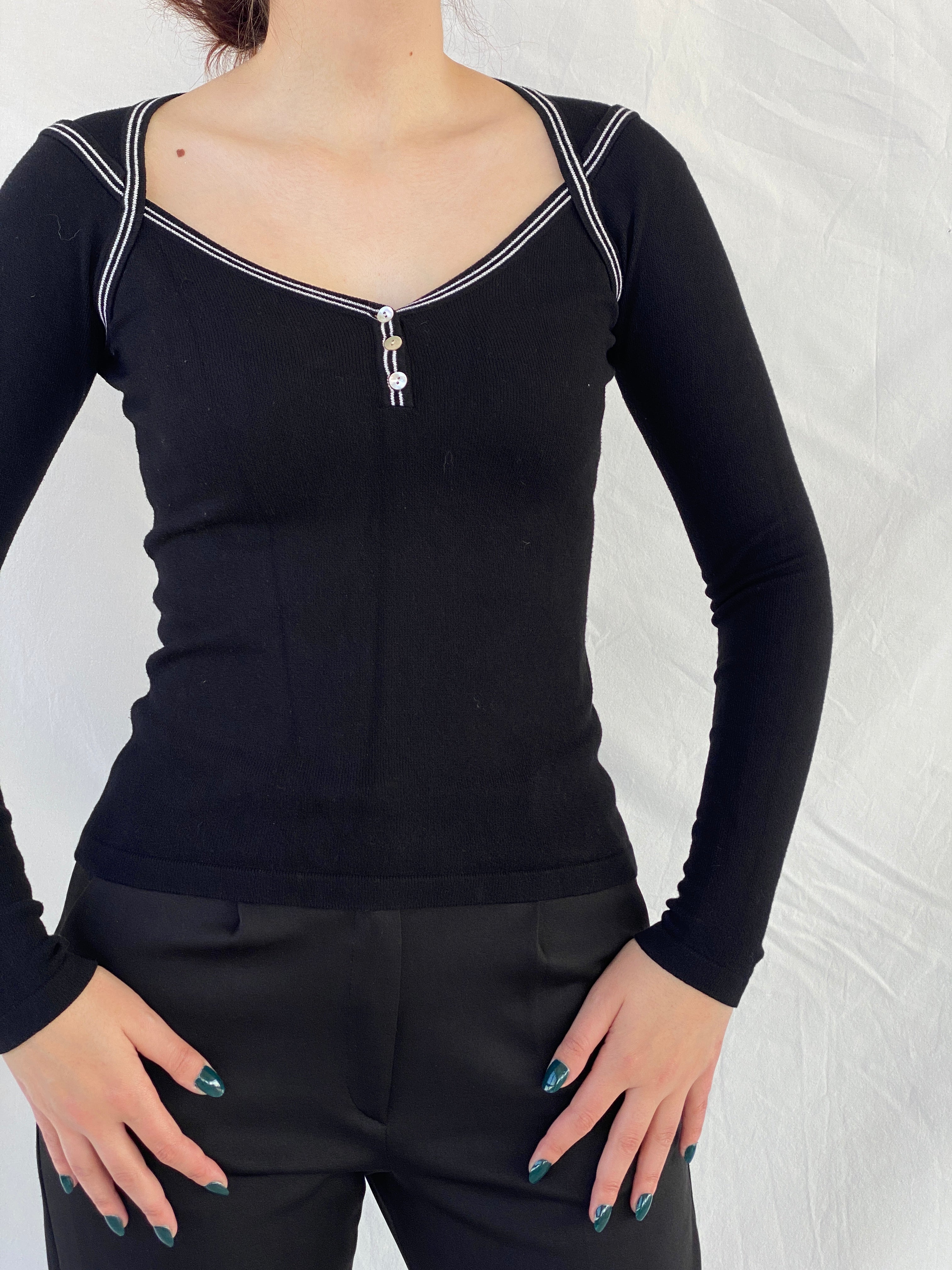 Vintage 90s Etam Women’s Fitted Black Long Sleeve Top - S