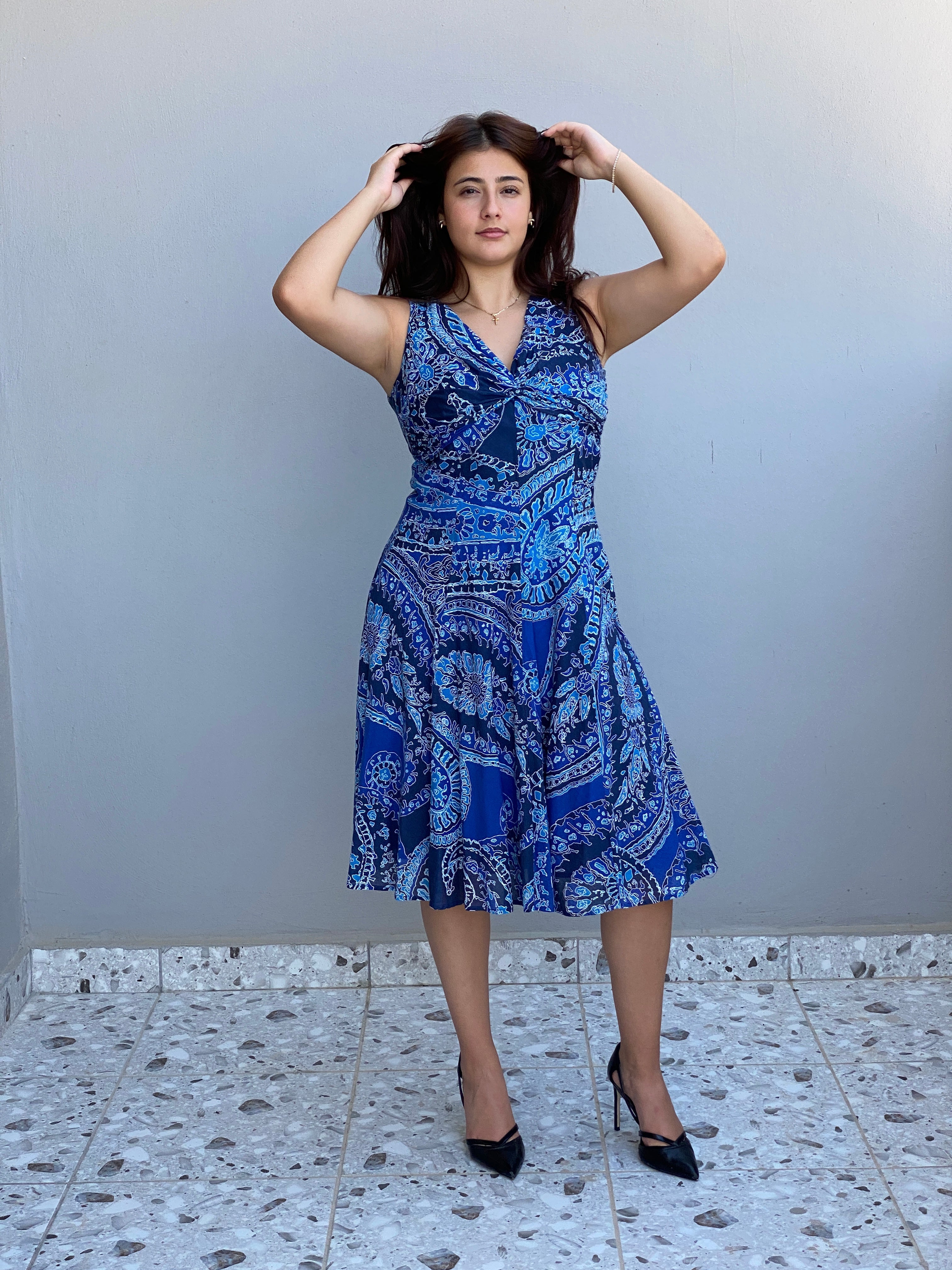 Vintage Y2K Jones New York Signature Blue Paisley Sleeveless Fit & Flare Dress - M