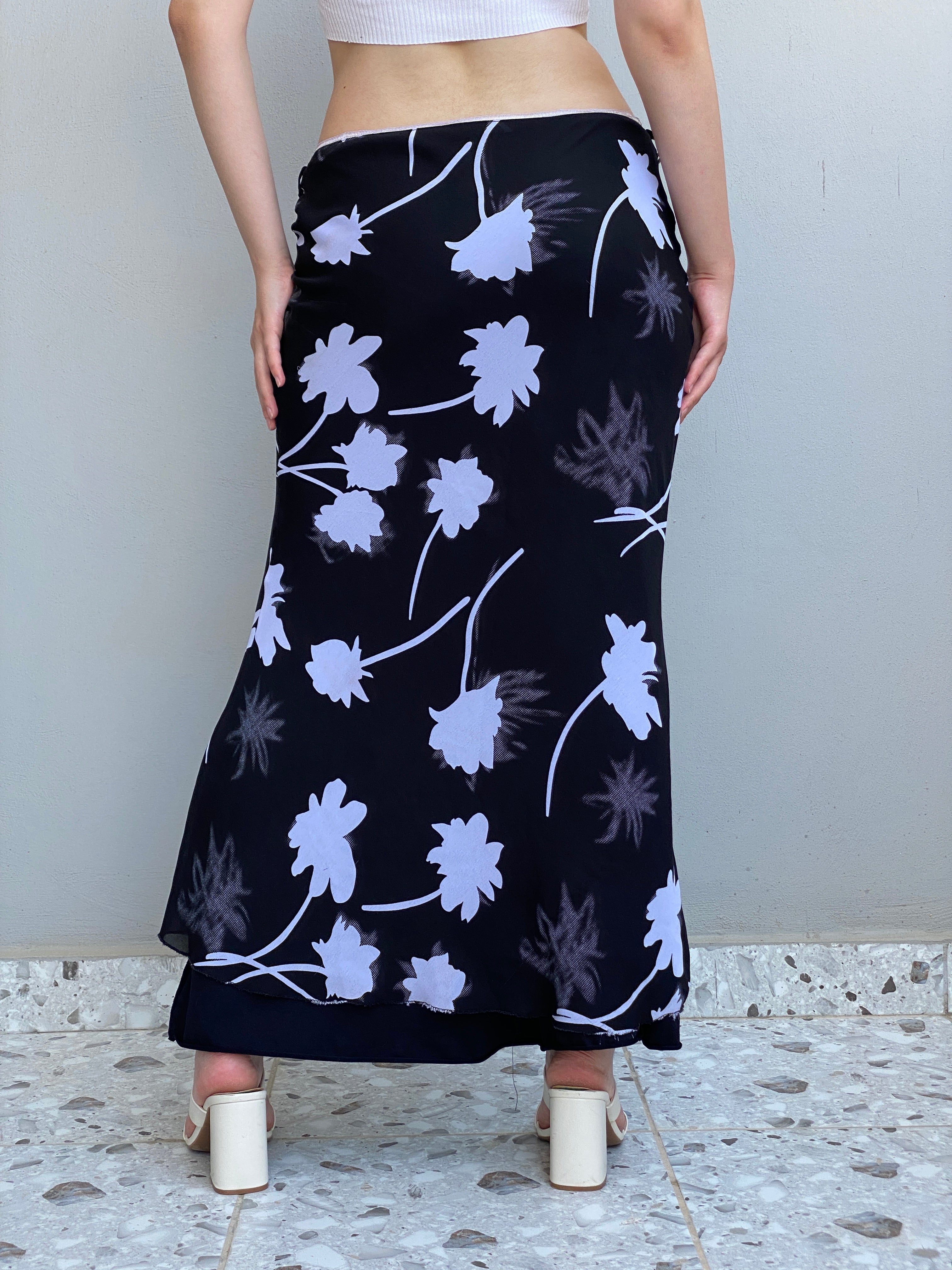 Vintage Y2K Black White Floral Maxi Monochrome Bias Cut Slip Skirt – L