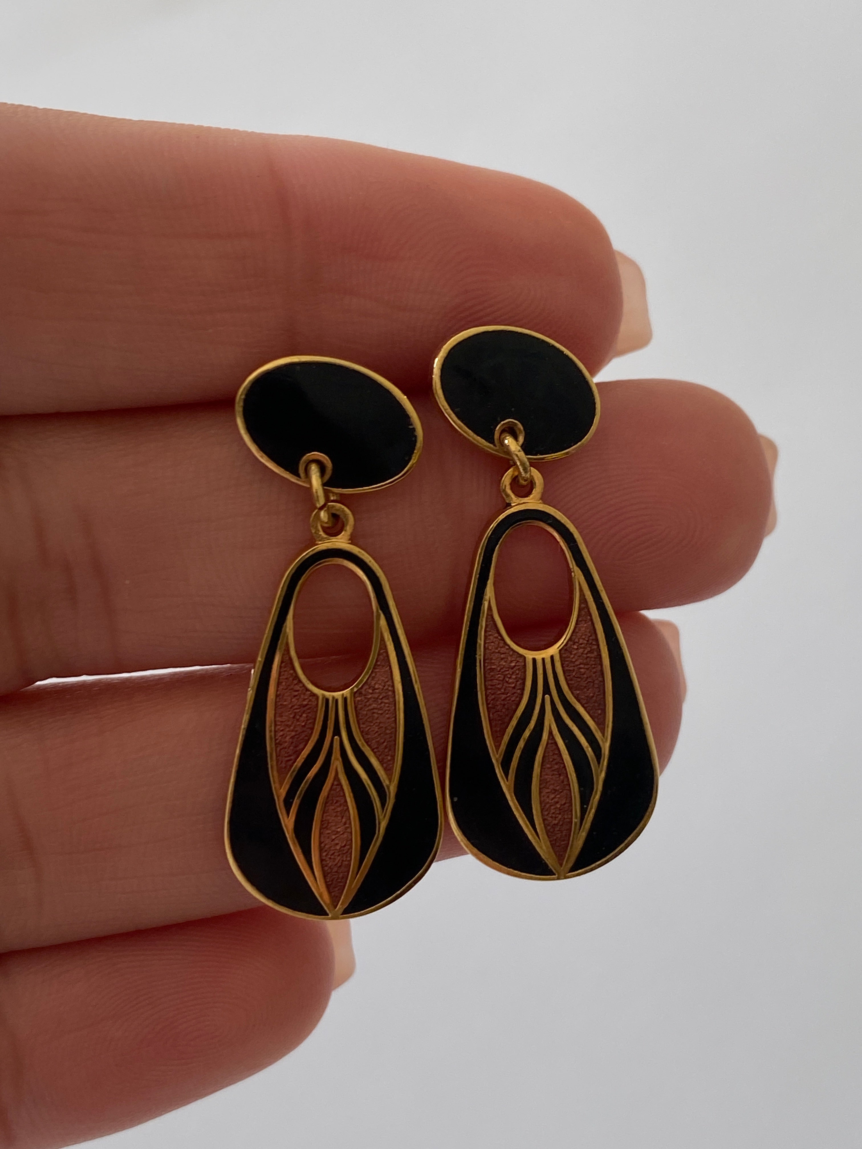 Vintage Isle of Skye Art Deco Enamel Drop Earrings - Gold Tone Celtic Design