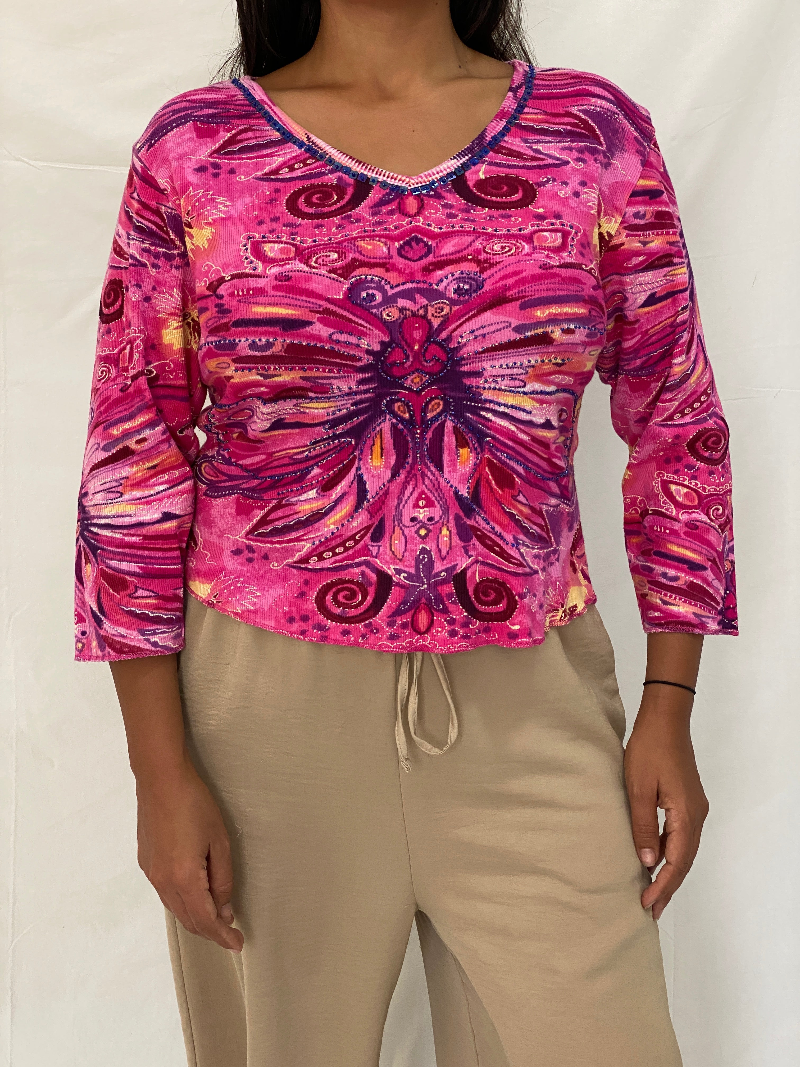 Vintage Y2K Phool Beaded Graphic Top Pink Psychedelic Butterfly Print Long Sleeve Tee - L