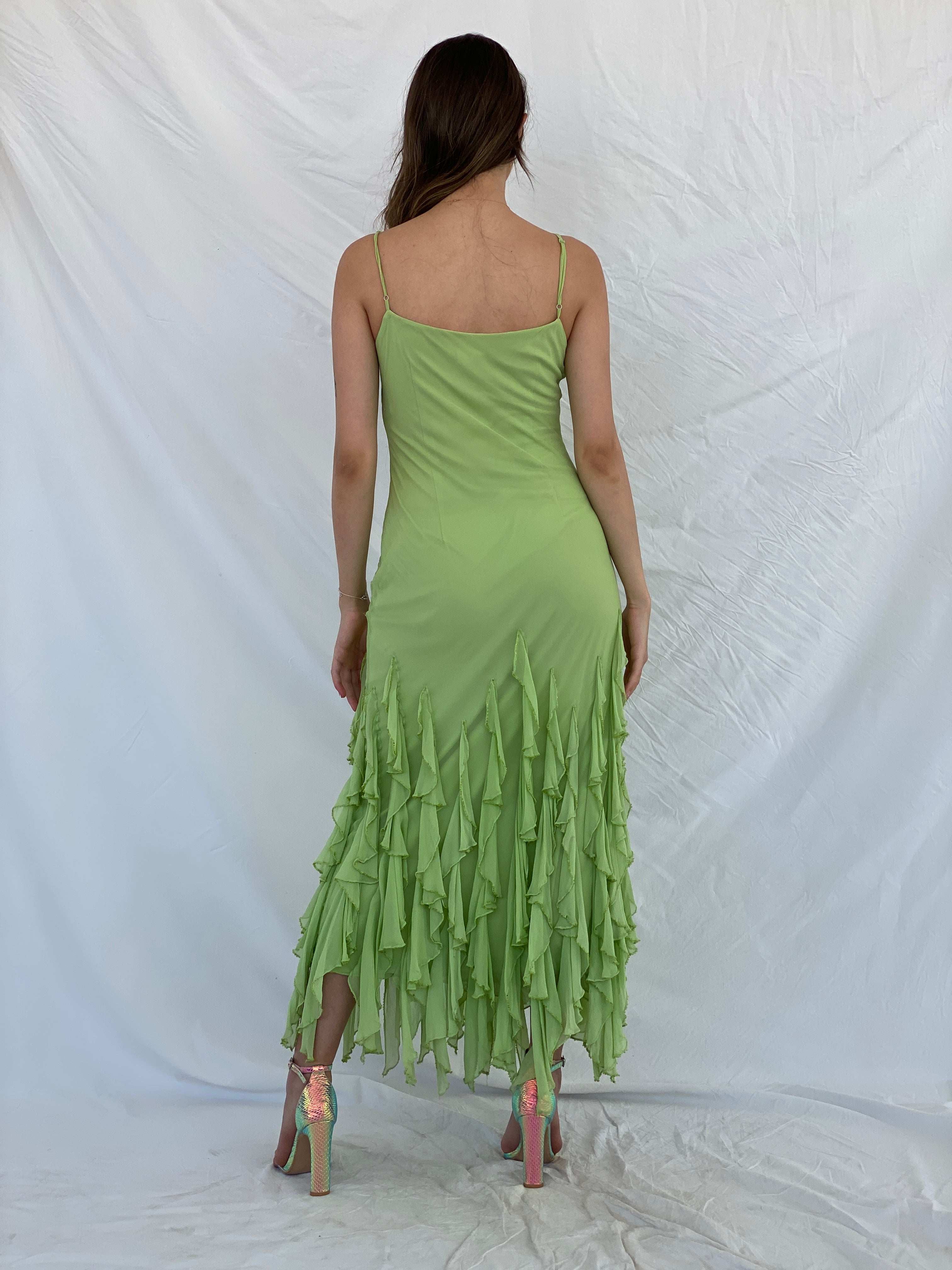 Beautiful Vintage Cici B Silk Lime Beaded Ruffle Bottom Lime Maxi Dress - M - Balagan Vintage Maxi Dress 00s, 90s, formal gown, gown, maxi dress, Mira, NEW IN, Wedding Guest