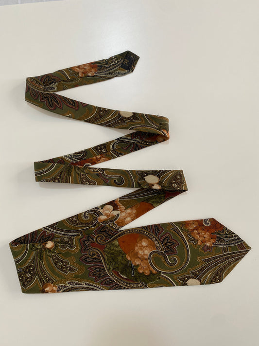 Vintage Retro Statement Woodward Silk Tie - Olive Green Paisley & Grapes Print