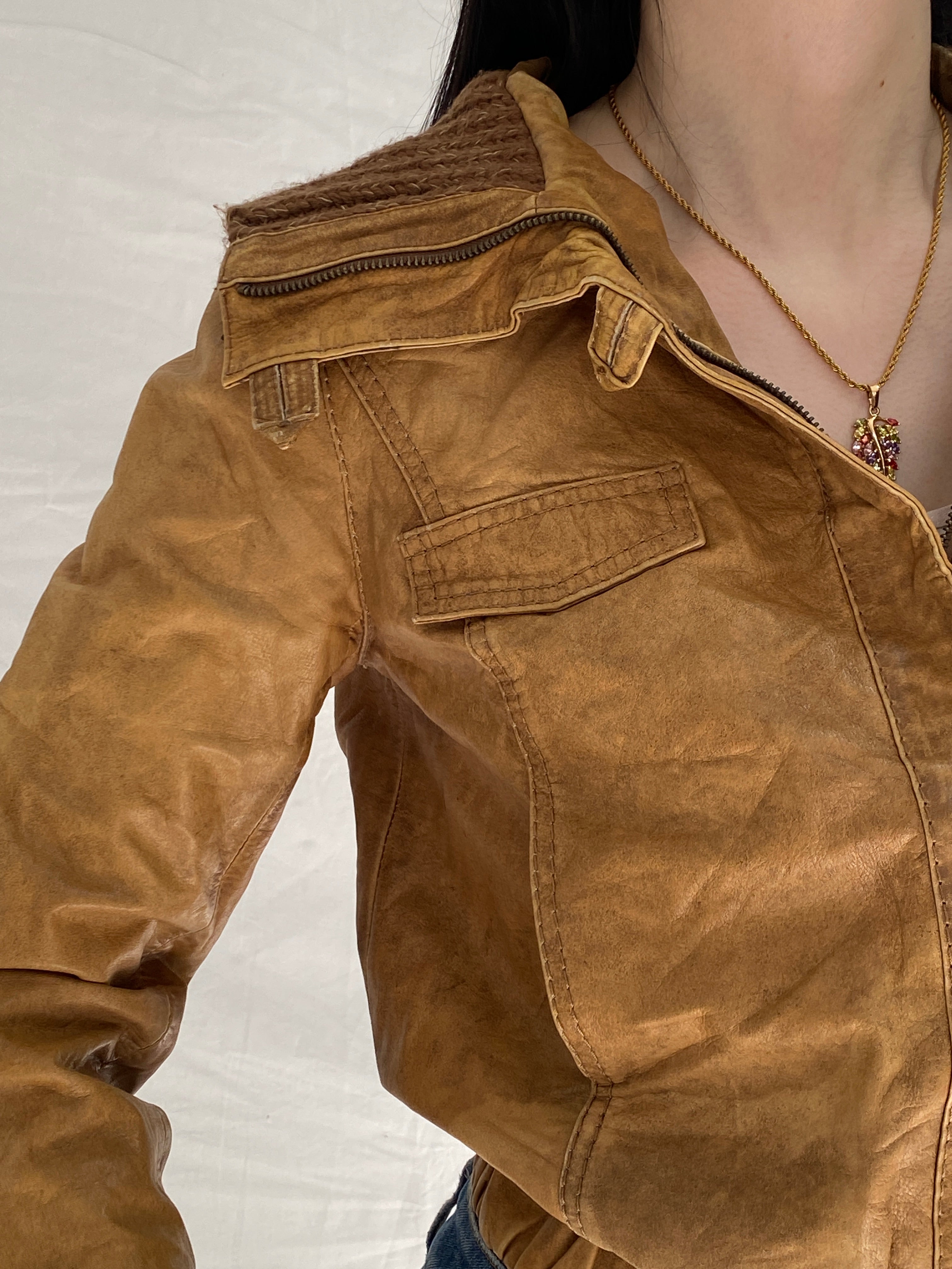 Y2K Jeim Basic Genuine Leather Tan Brown Distressed Cropped Jacket - S