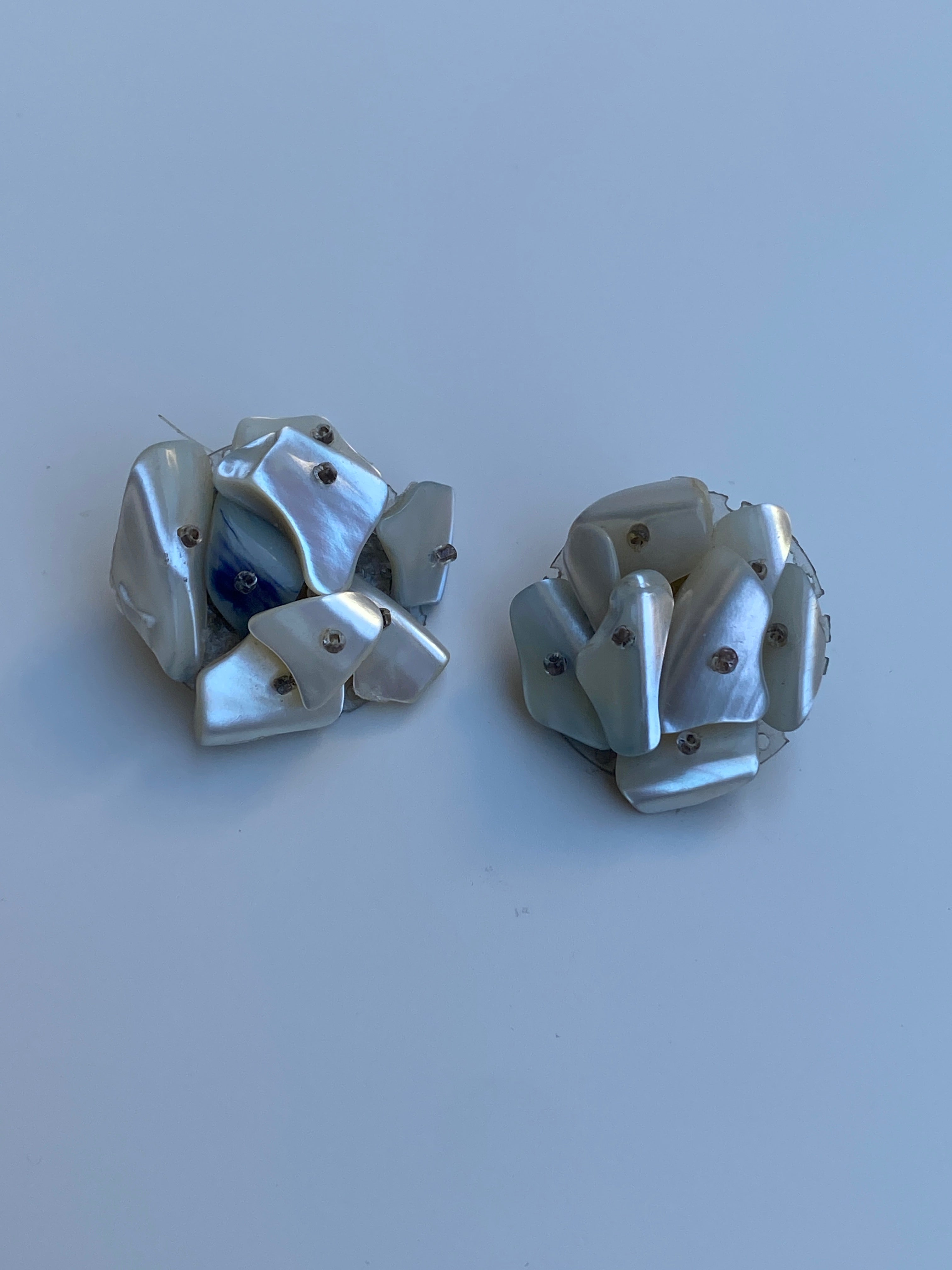 Vintage Japanese Faux Mother of Pearl Clip-On Earrings - Iridescent White Statement Floral Earrings