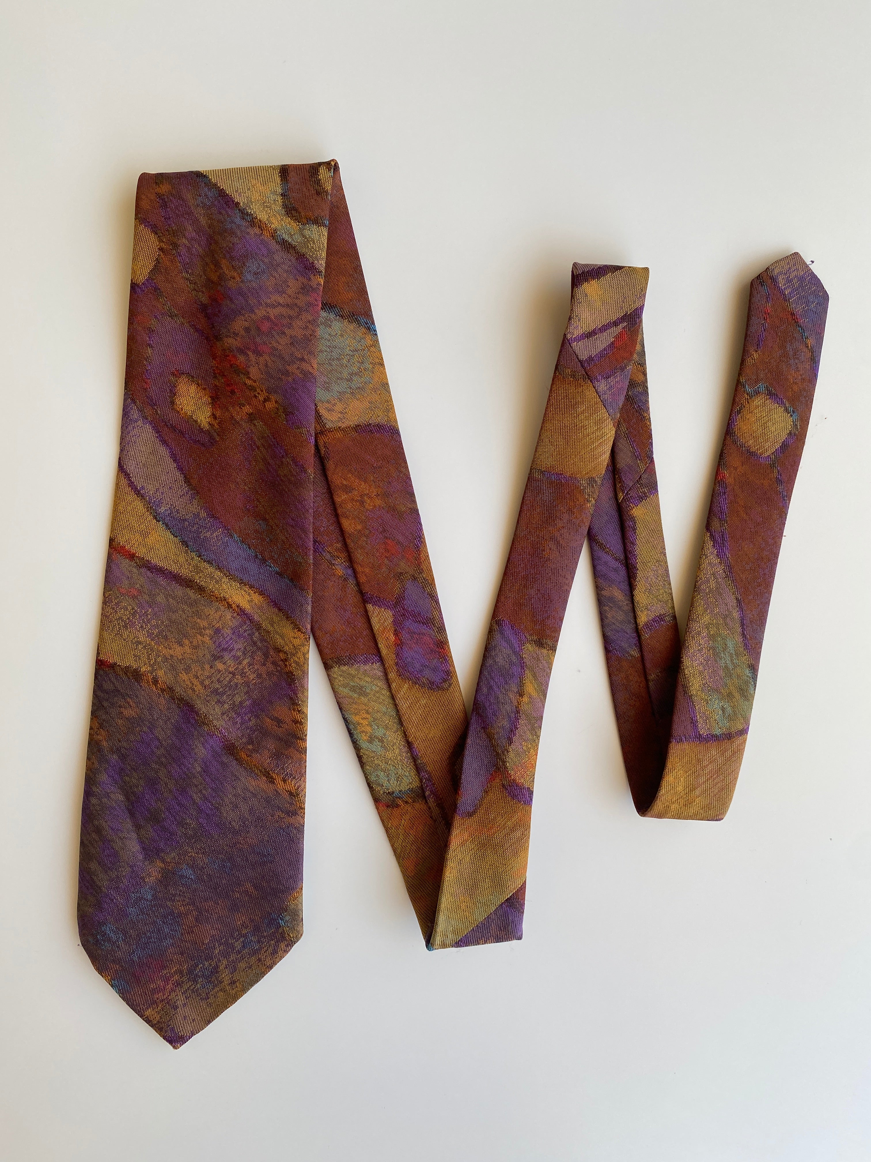 Vintage 1980s–90s Abstract Print Tie Purple & Ochre Wide Necktie