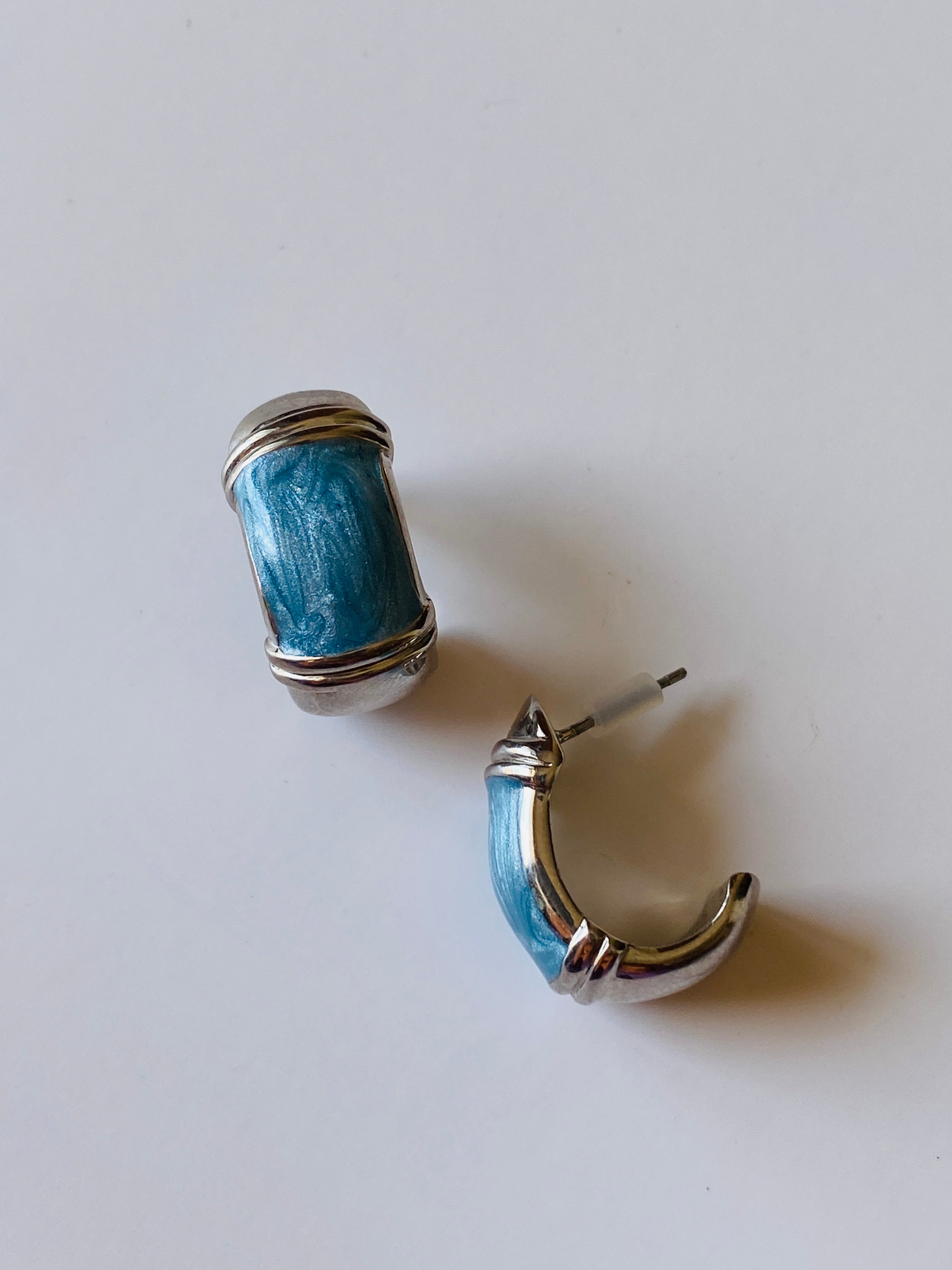 Vintage 1990s Blue Enamel Silver Tone Mini Stud Earrings