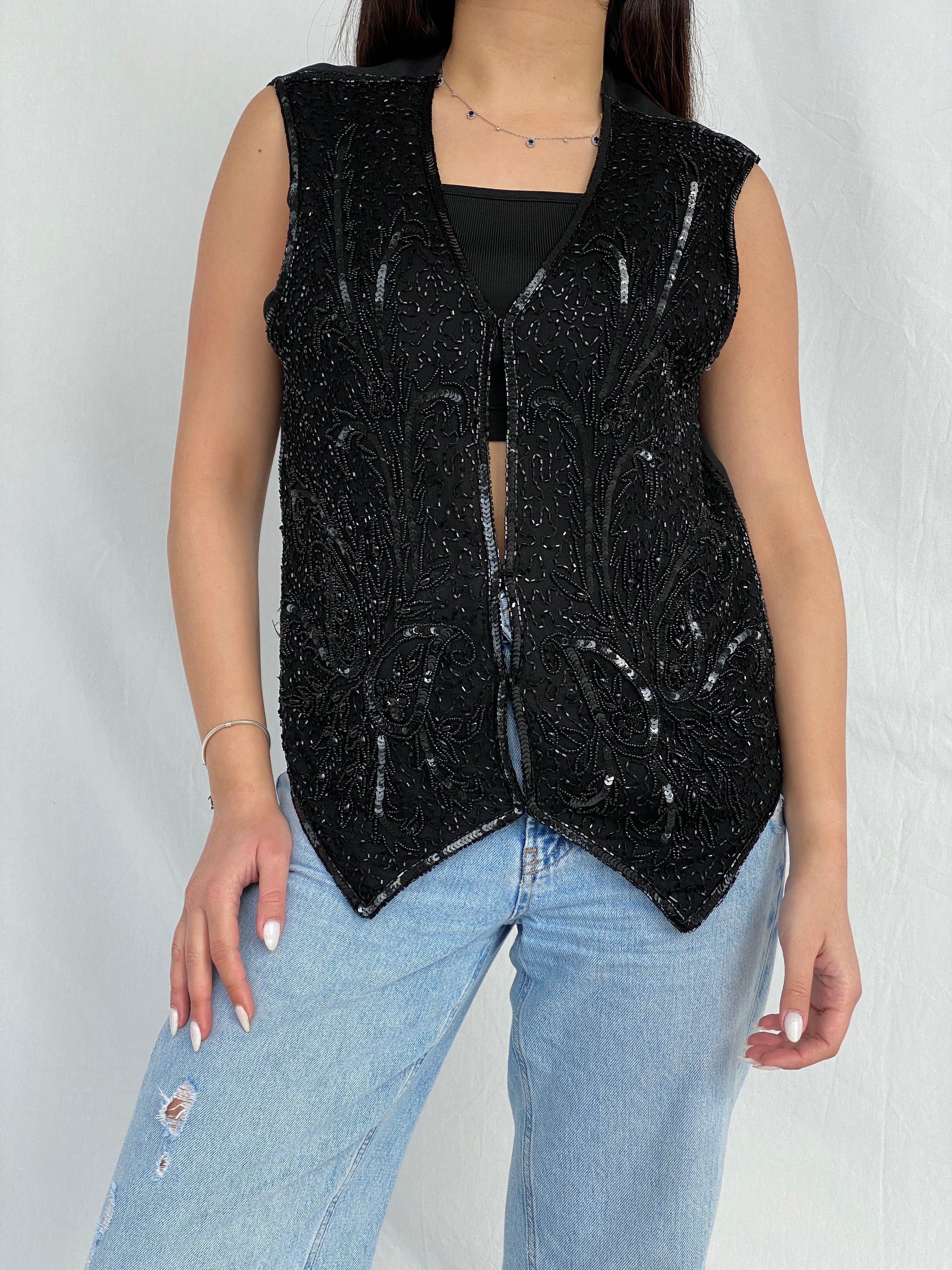 Vintage Diamond Collection Beaded Sequin Black Women’s Party Vest - M