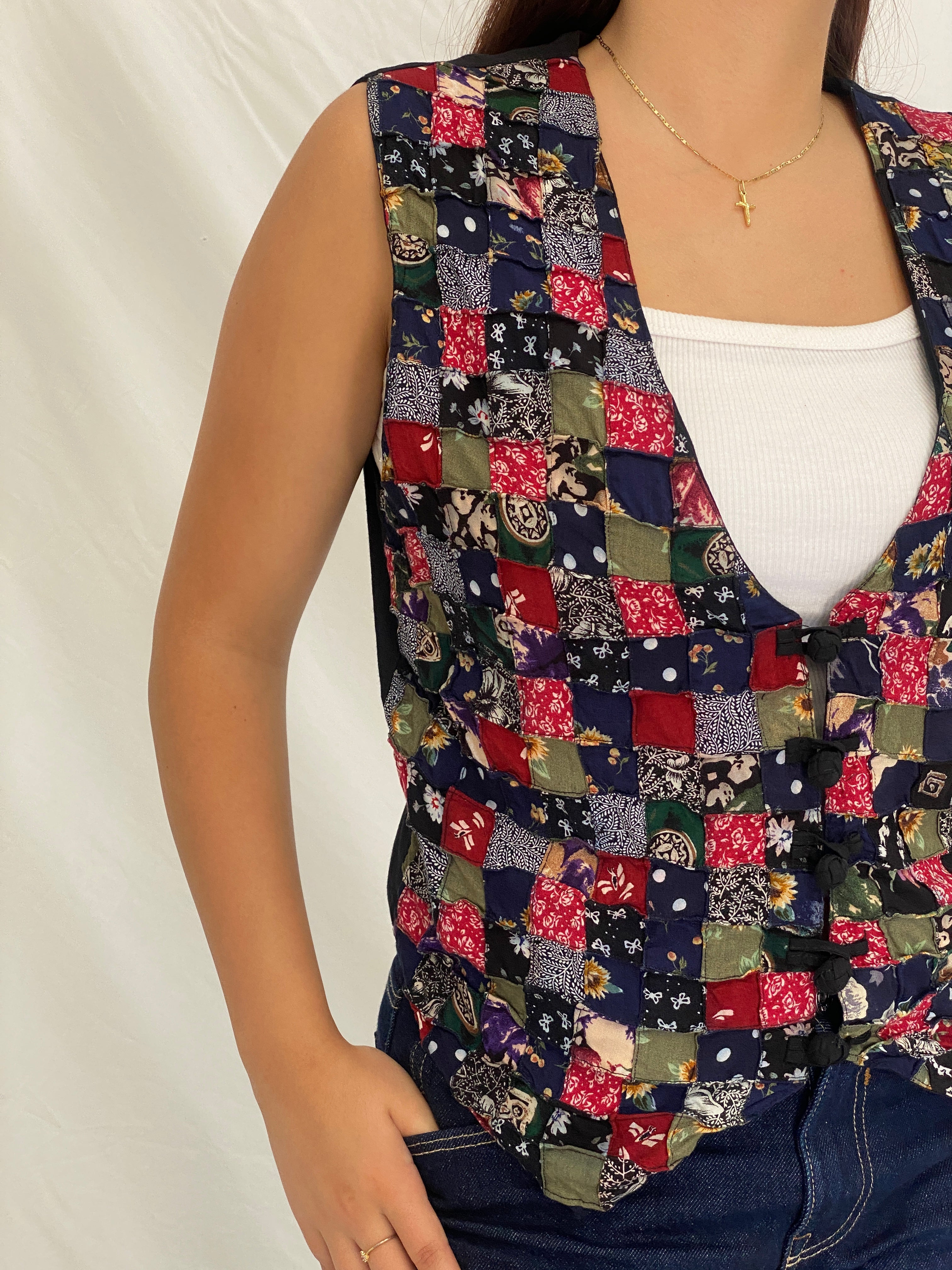 Vintage 90s Soul Mate’s Patchwork Tie-Back Vest Multicolor Boho Art Wear - L