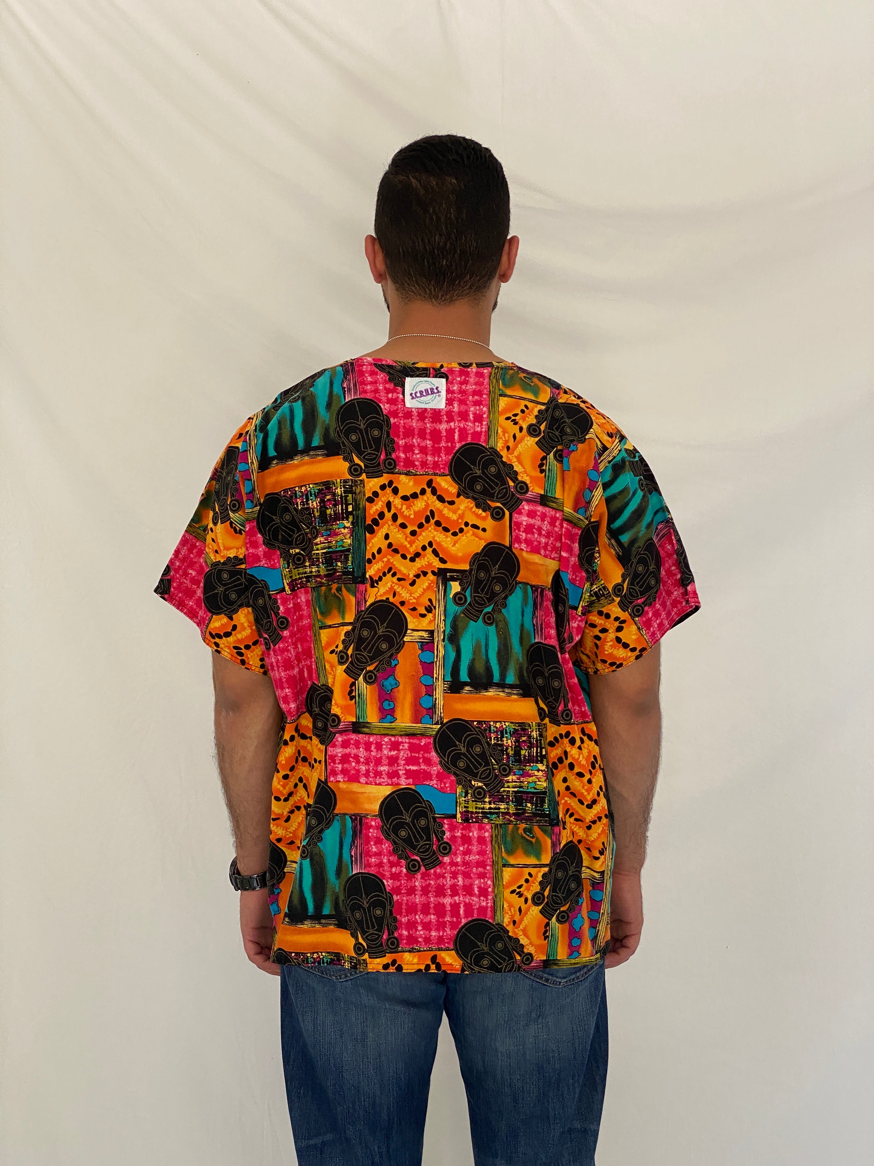 Vintage 90s S.C.R.U.B.S. Abstract African Print Cotton Scrub Top - 2XL