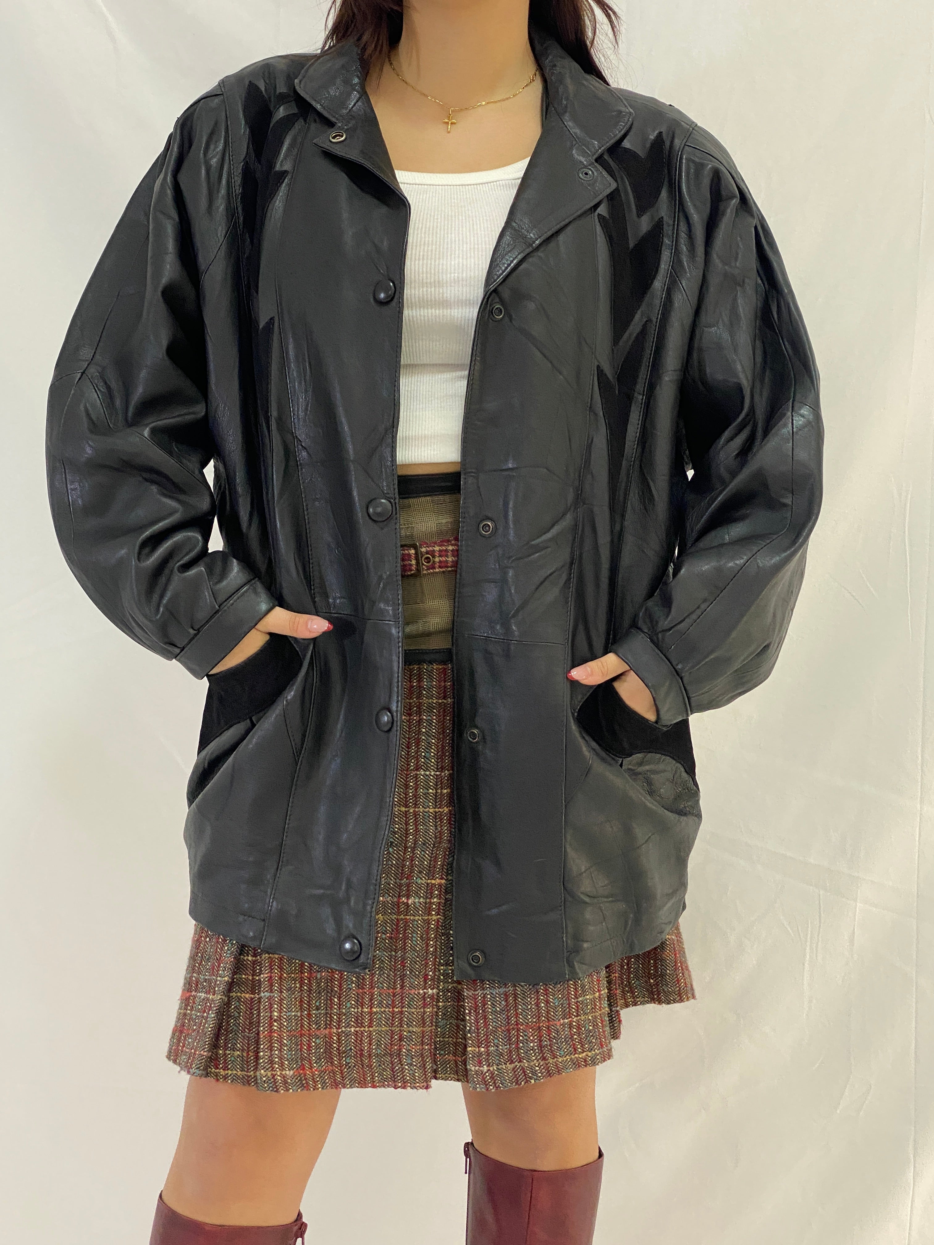 Vintage Oversized Fit Ferpele Black Leather Coat with Graphic Panel Details - M