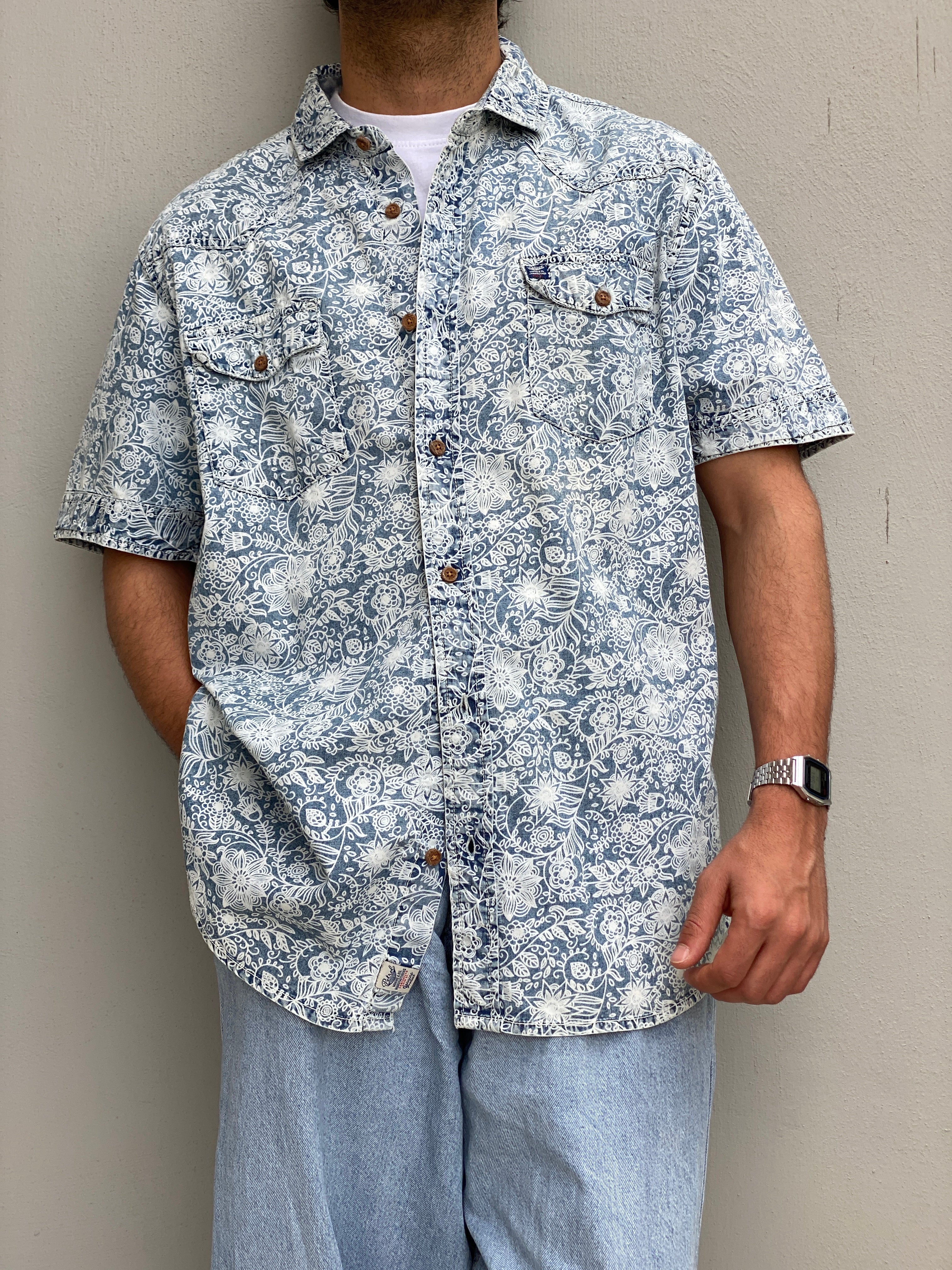 Vintage Petrol Industries Blue Floral Workwear Short Sleeve Men’s Shirt – 2XL