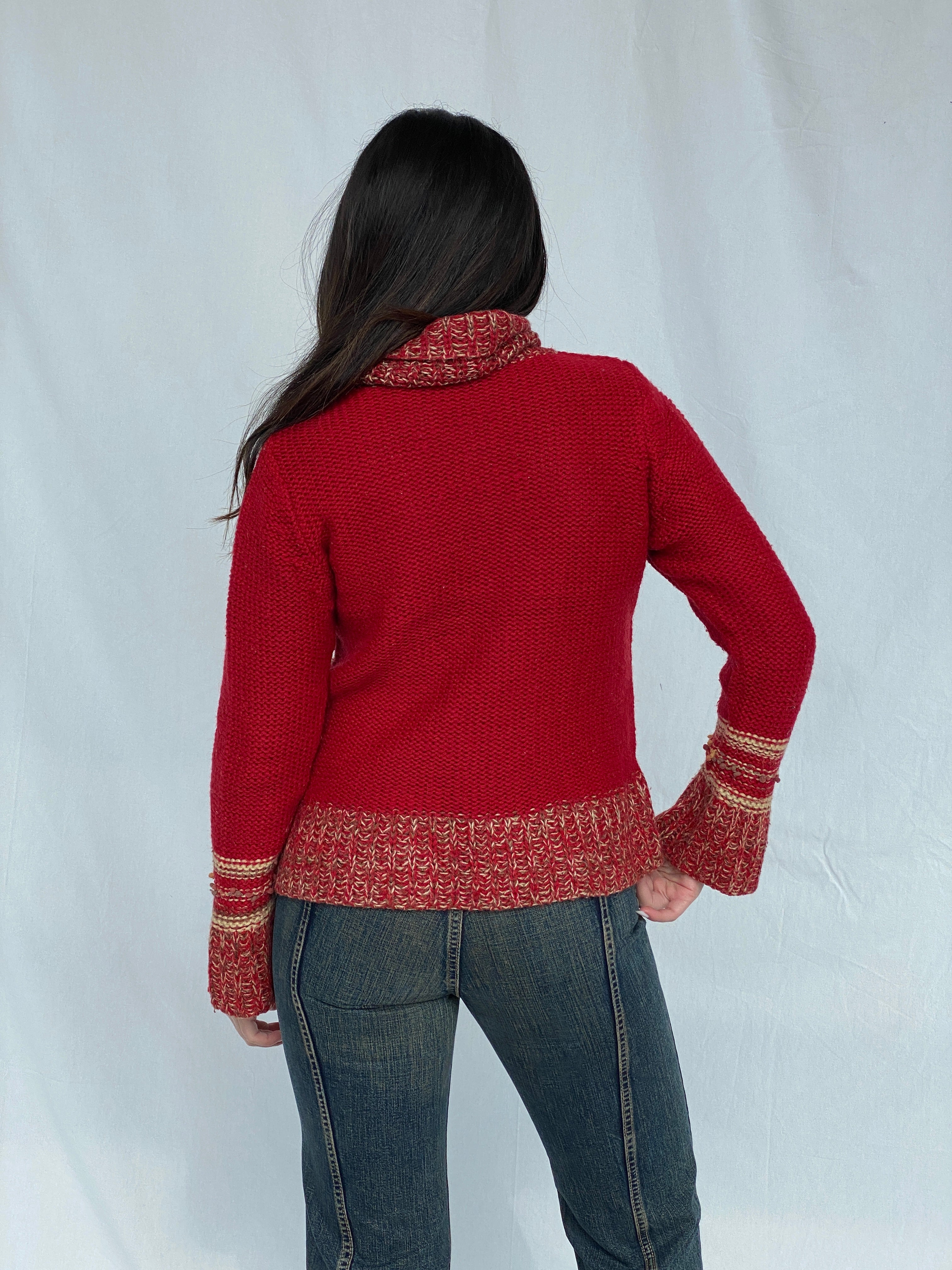 Vintage NEW MOON Wool & Mohair Blend Crew Neck Red & Beige Knitted Sweater - M