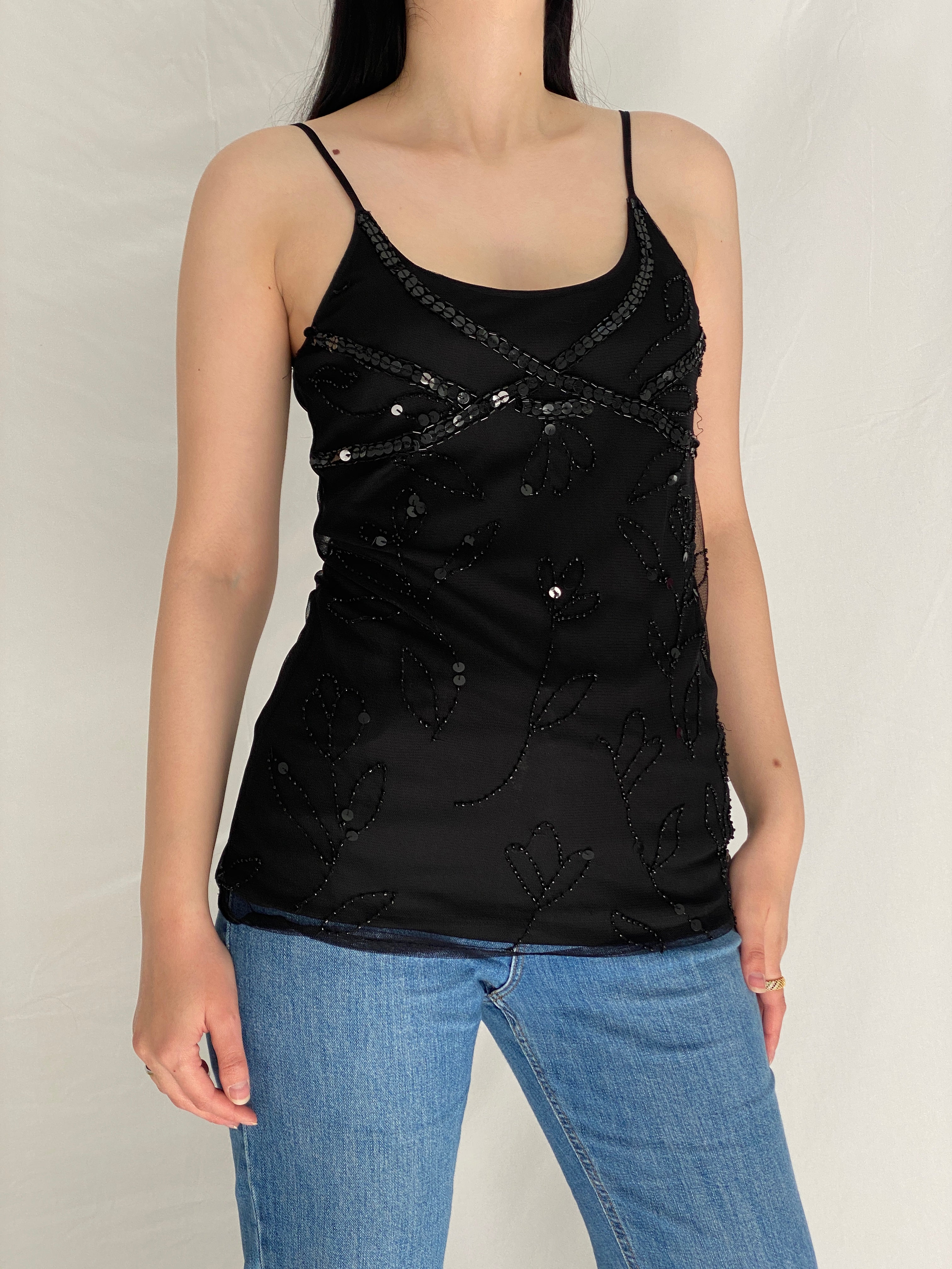 Vintage Y2K Wet Seal Black Beaded Mesh Fairycore Cami Top - M