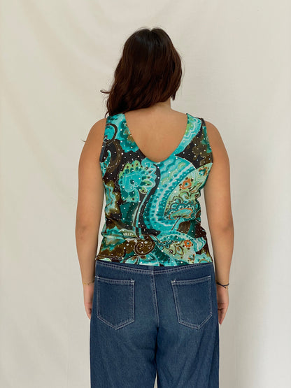 Y2K Abstract Turquoise Mesh Tank French Rhinestone Top – XL