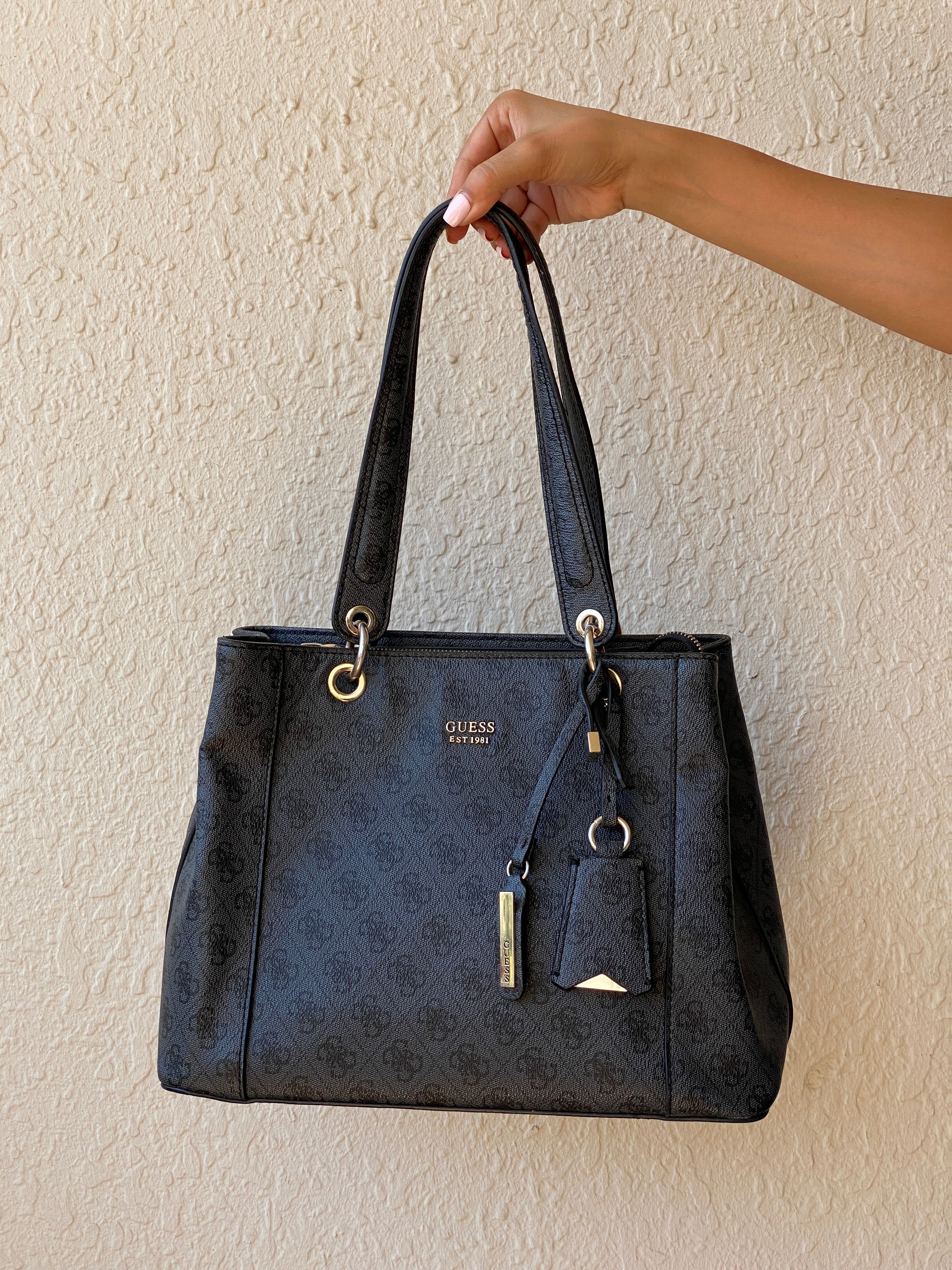 Vintage Y2K GUESS Black Monogram Logo Structured Tote Shoulder Bag