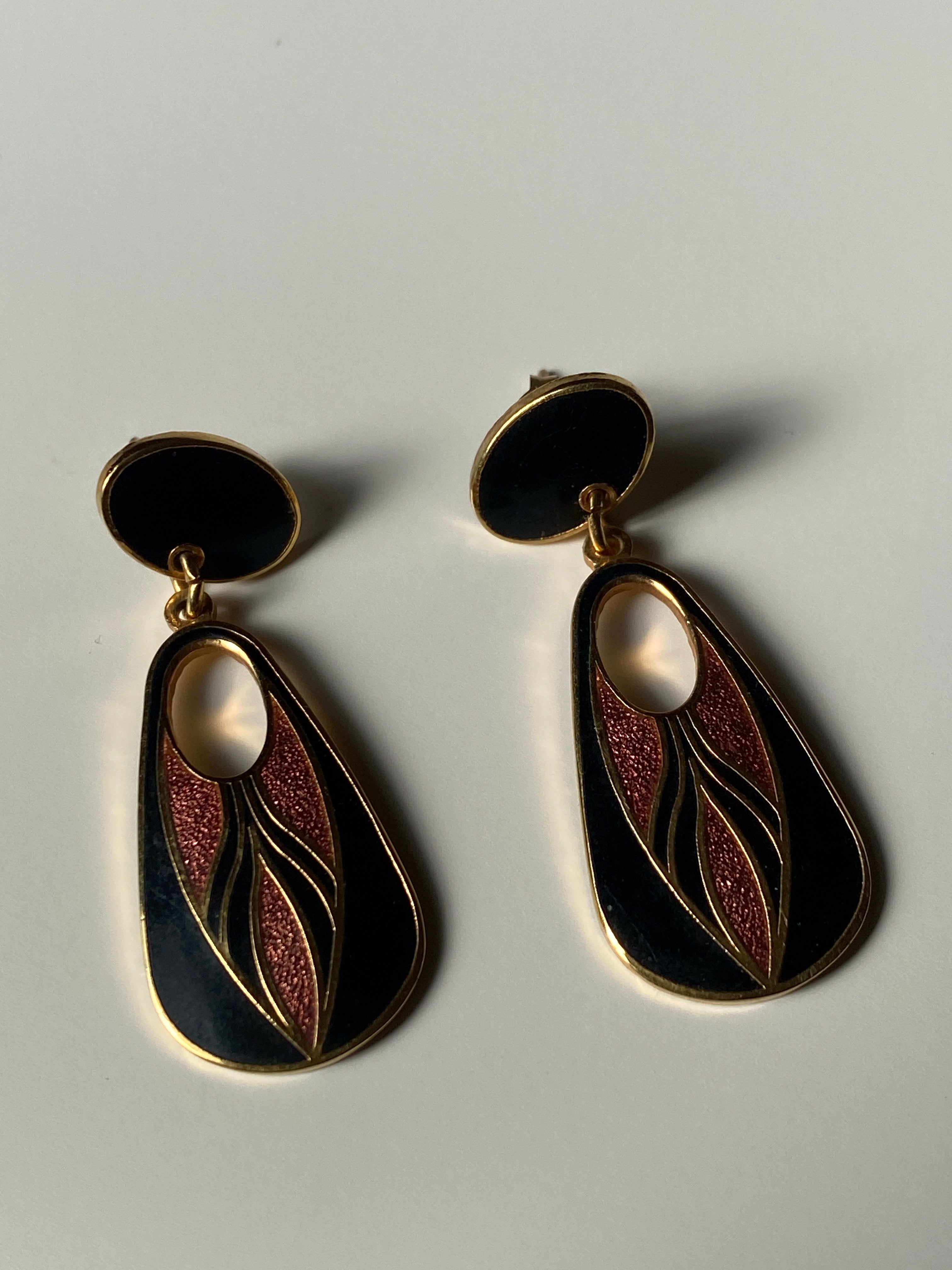 Vintage Isle of Skye Art Deco Enamel Drop Earrings - Gold Tone Celtic Design