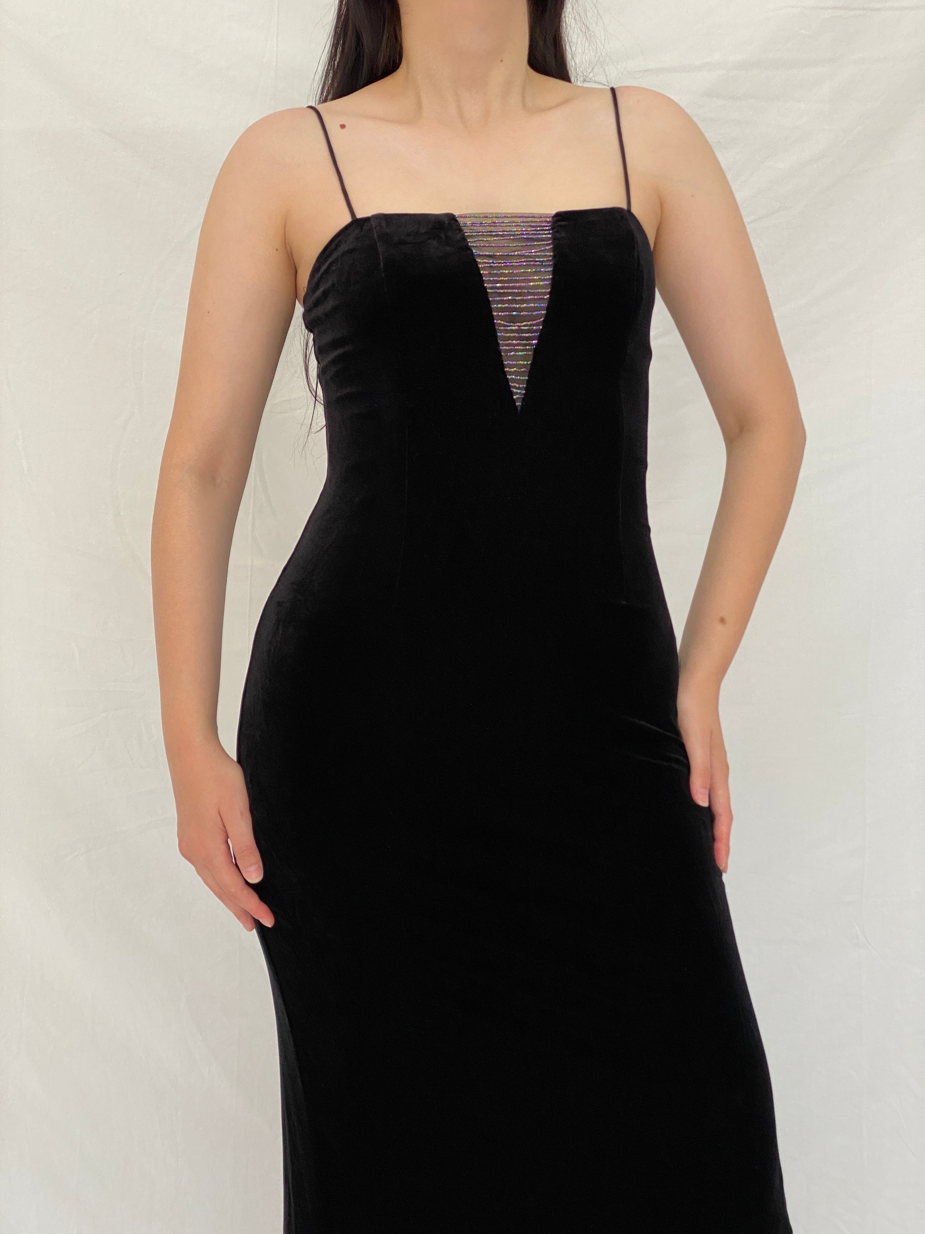Vintage Betsey & Adam by Jaslene Black Velvet Beaded Illusion Evening Gown – S