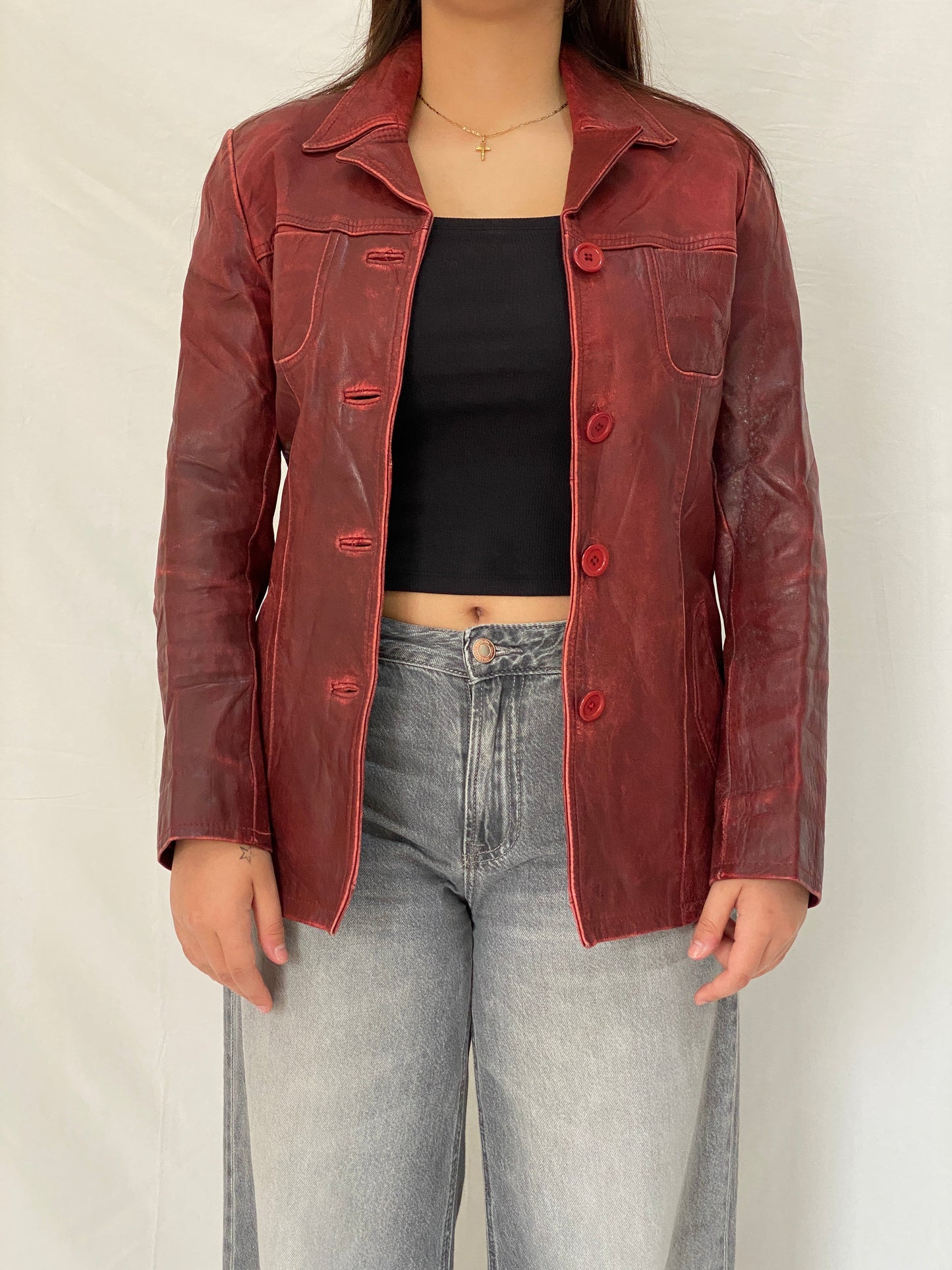 Vintage Arturo Paris Distressed Red Genuine Goat Leather Blazer Jacket - M