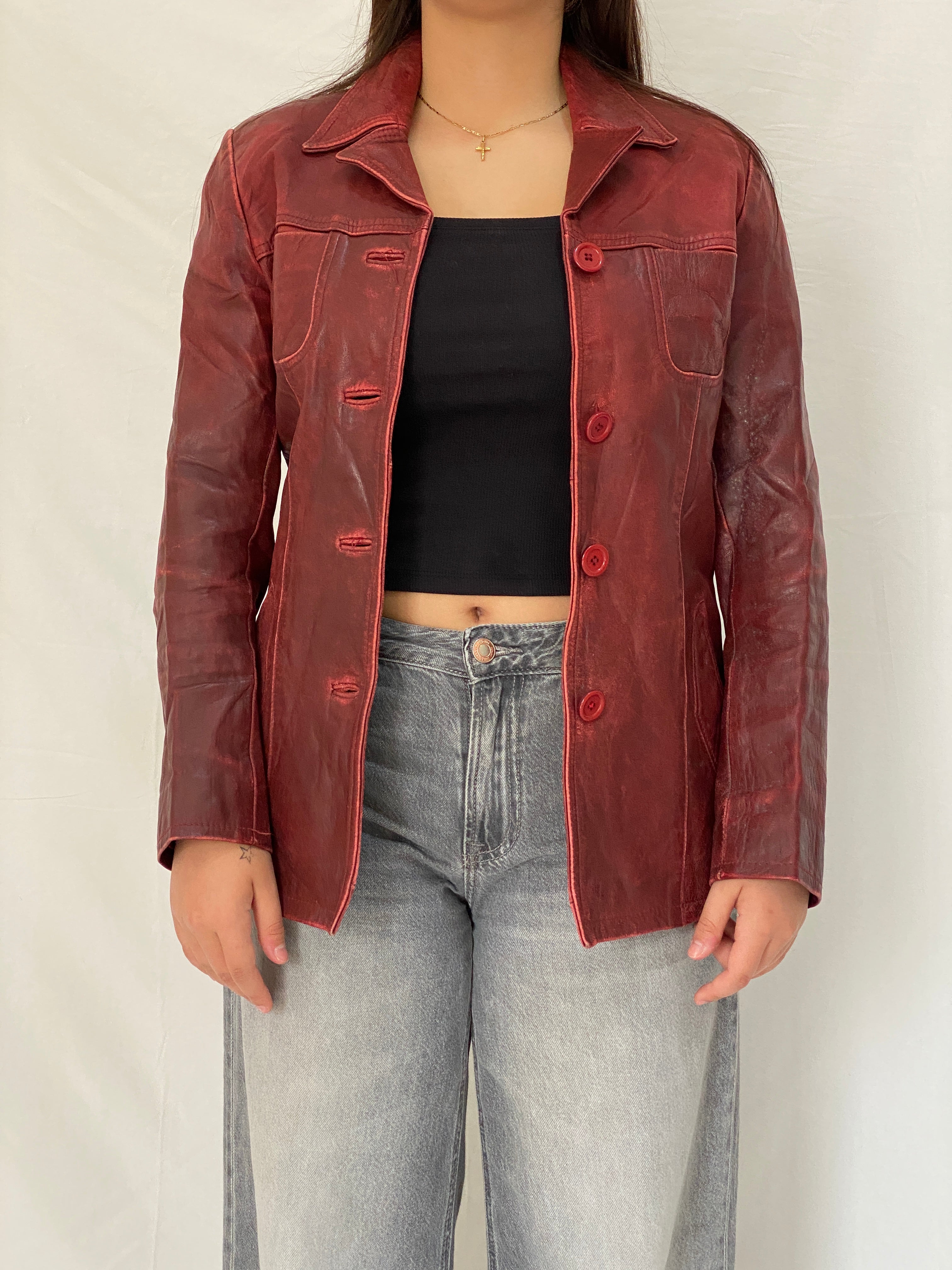 Vintage Arturo Paris Distressed Red Genuine Goat Leather Blazer Jacket - M
