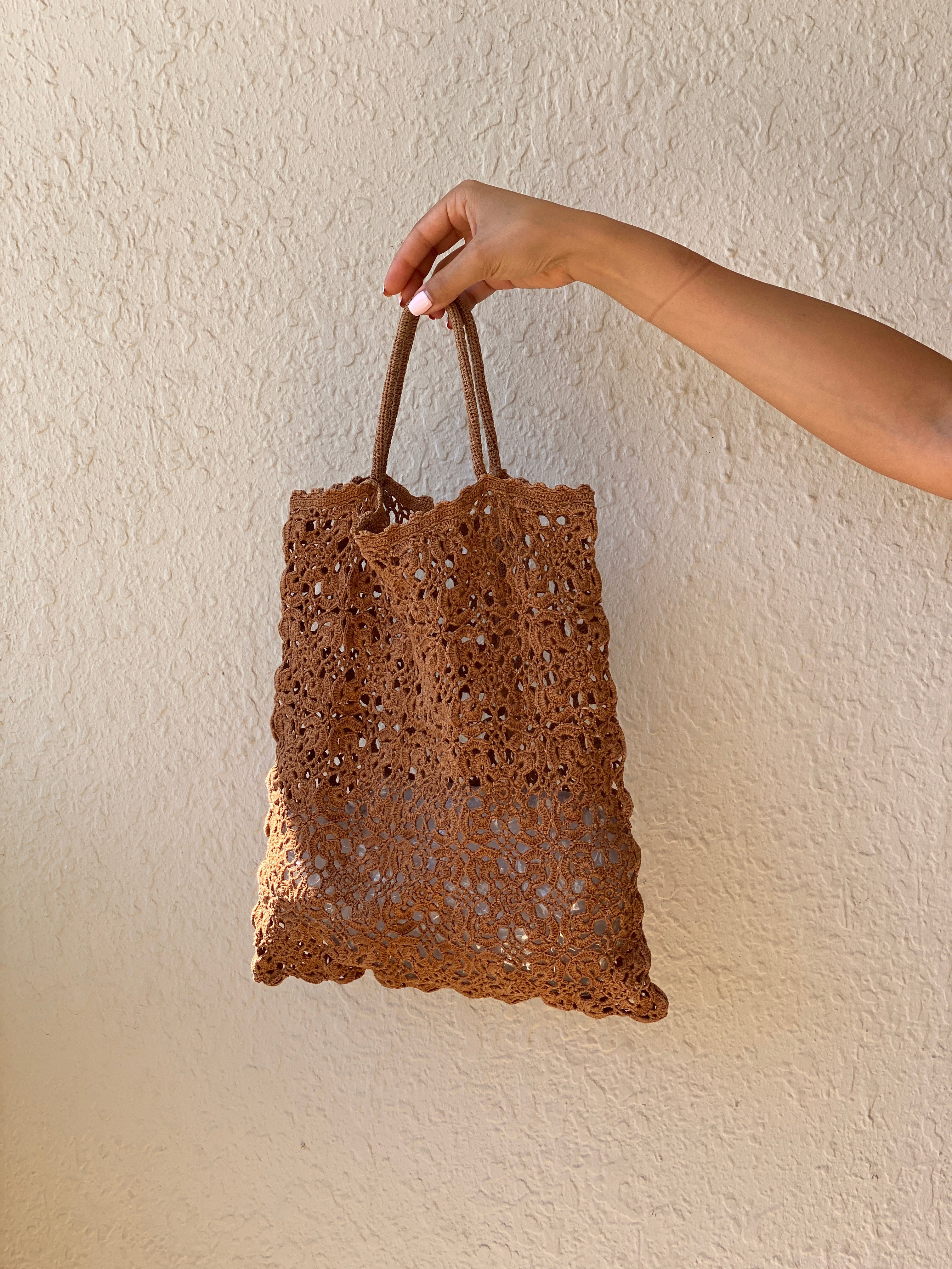 Vintage Boho Brown Hand-Crocheted Tote Bag