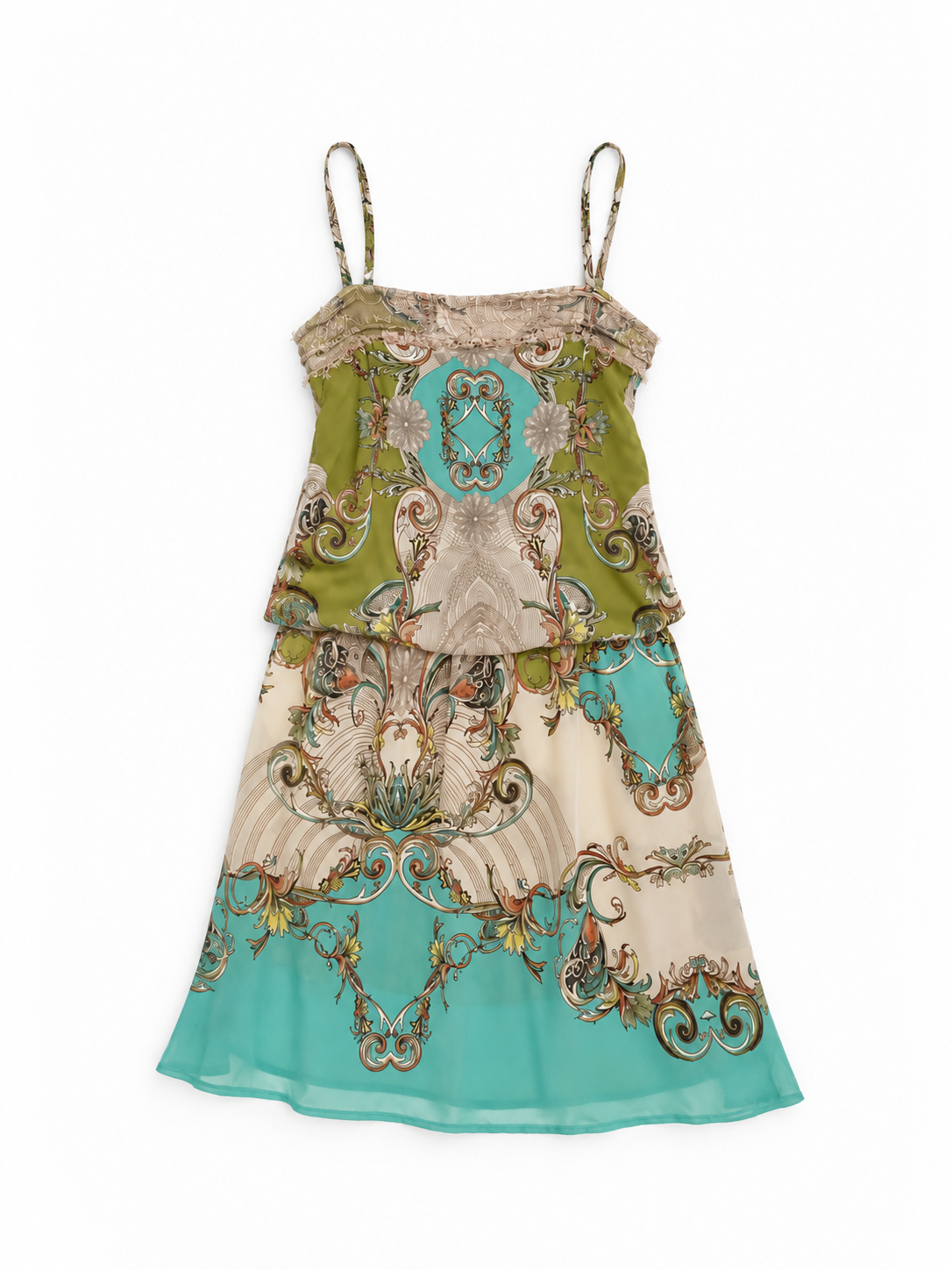 Y2K Rina Scimento Green Baroque Print Lace Trim Mini Dress – S