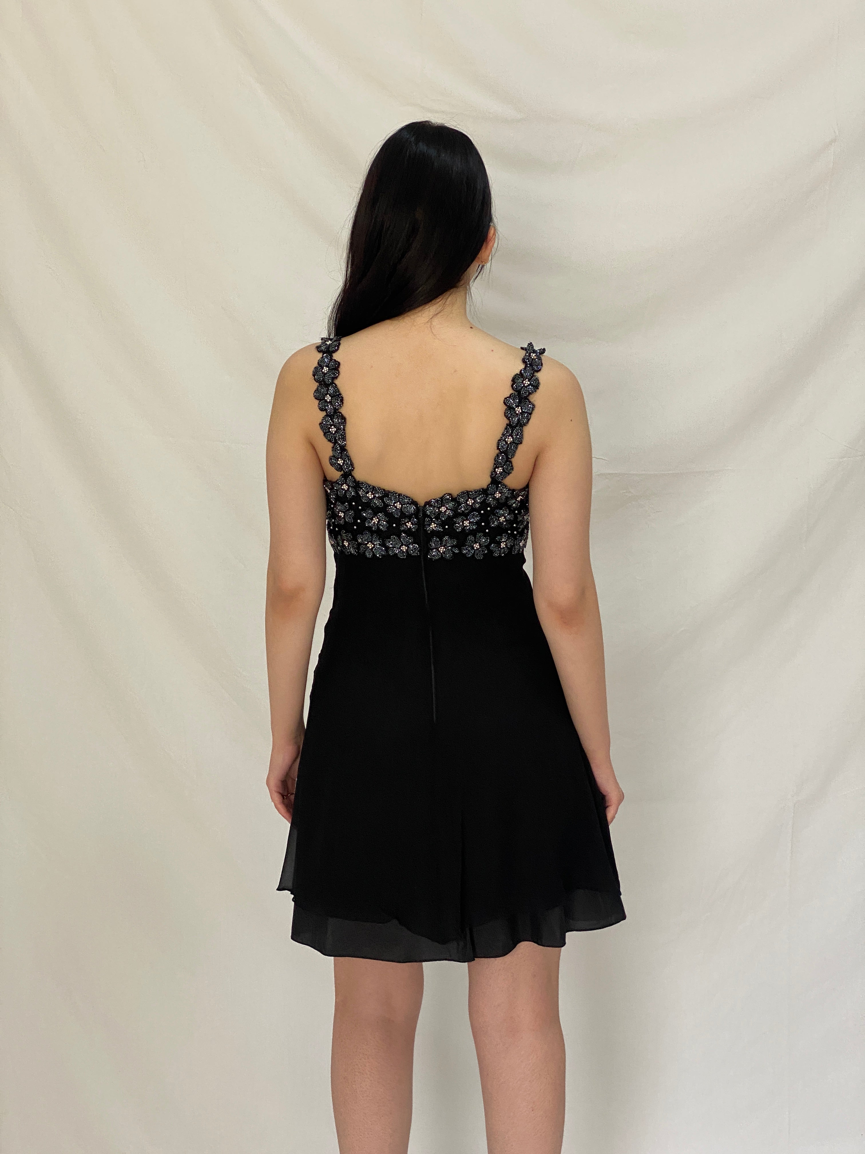 Vintage 90s A.J. Bari Black Silk Beaded Floral Bodice Mini Dress