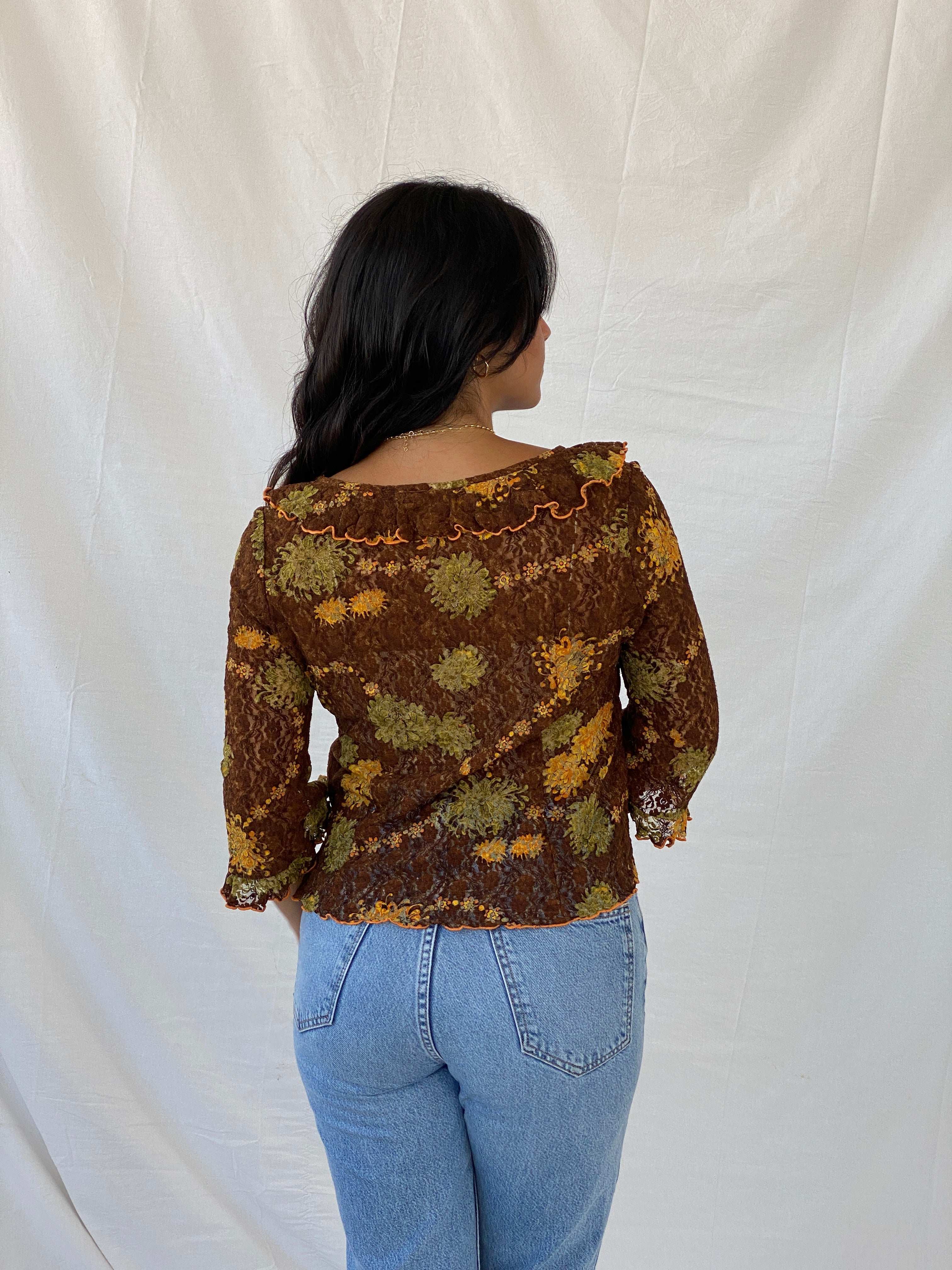 Vintage Handmade Lace Floral Brown 3/4 Sleeve Top - M - Balagan Vintage Full Sleeve Top 90s, Lana, NEW IN, summer