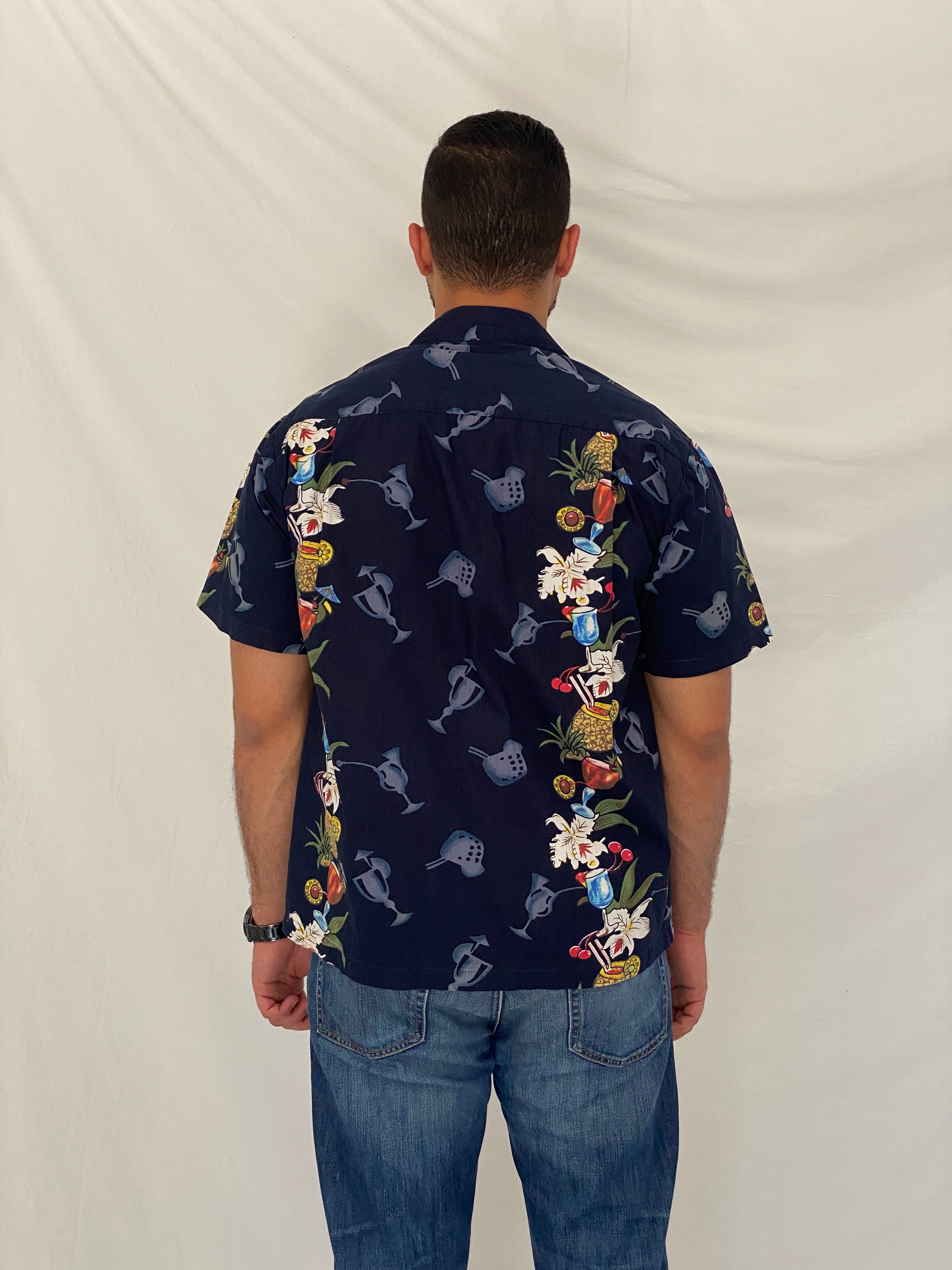 Vintage Steve & Barry’s Classic Hawaiian Navy Cocktail Print Camp Shirt - M