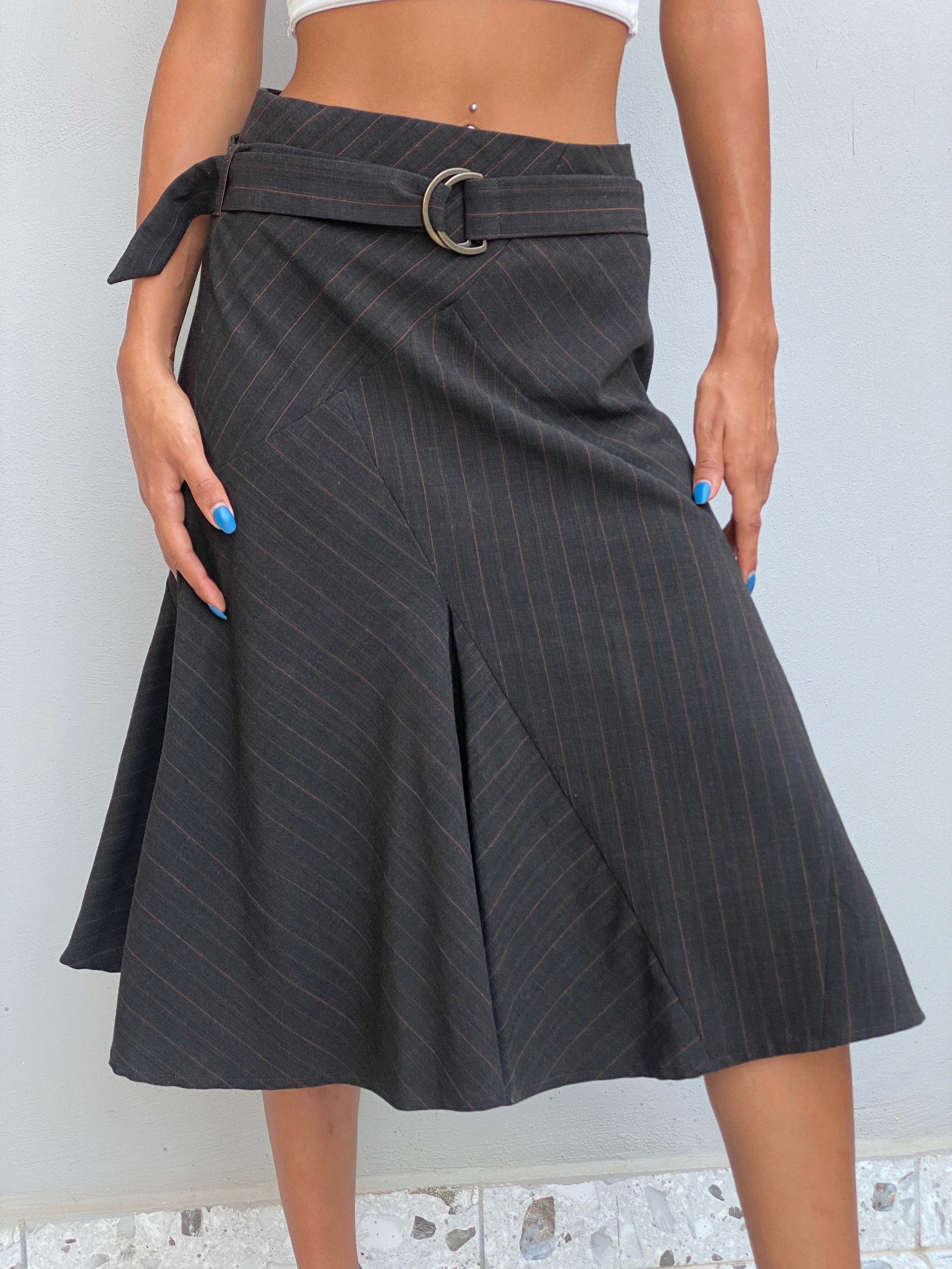 Vintage 123 Un Deux Trois Charcoal Pinstripe Midi Skirt Office Structured A-Line – S