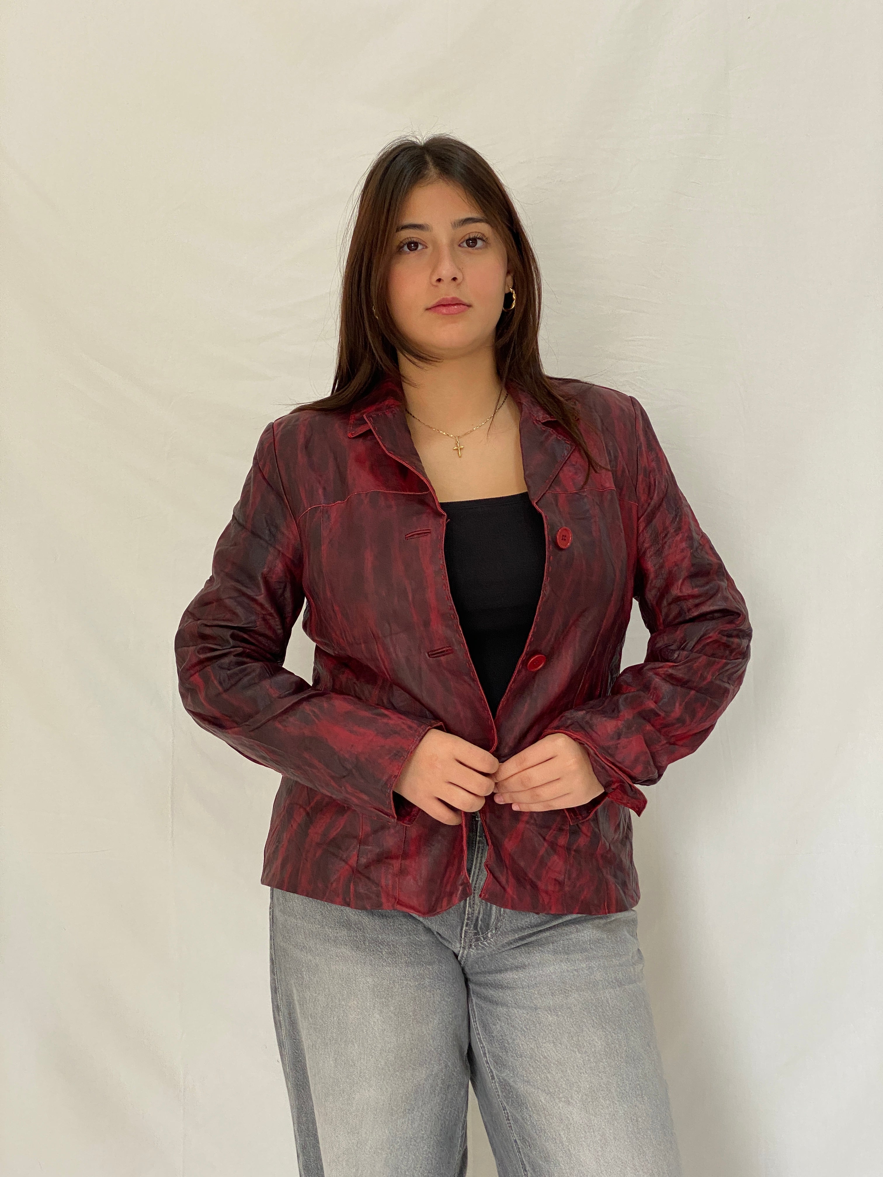 Vintage Mafecco Distressed Red Black Genuine Leather Blazer Jacket - M
