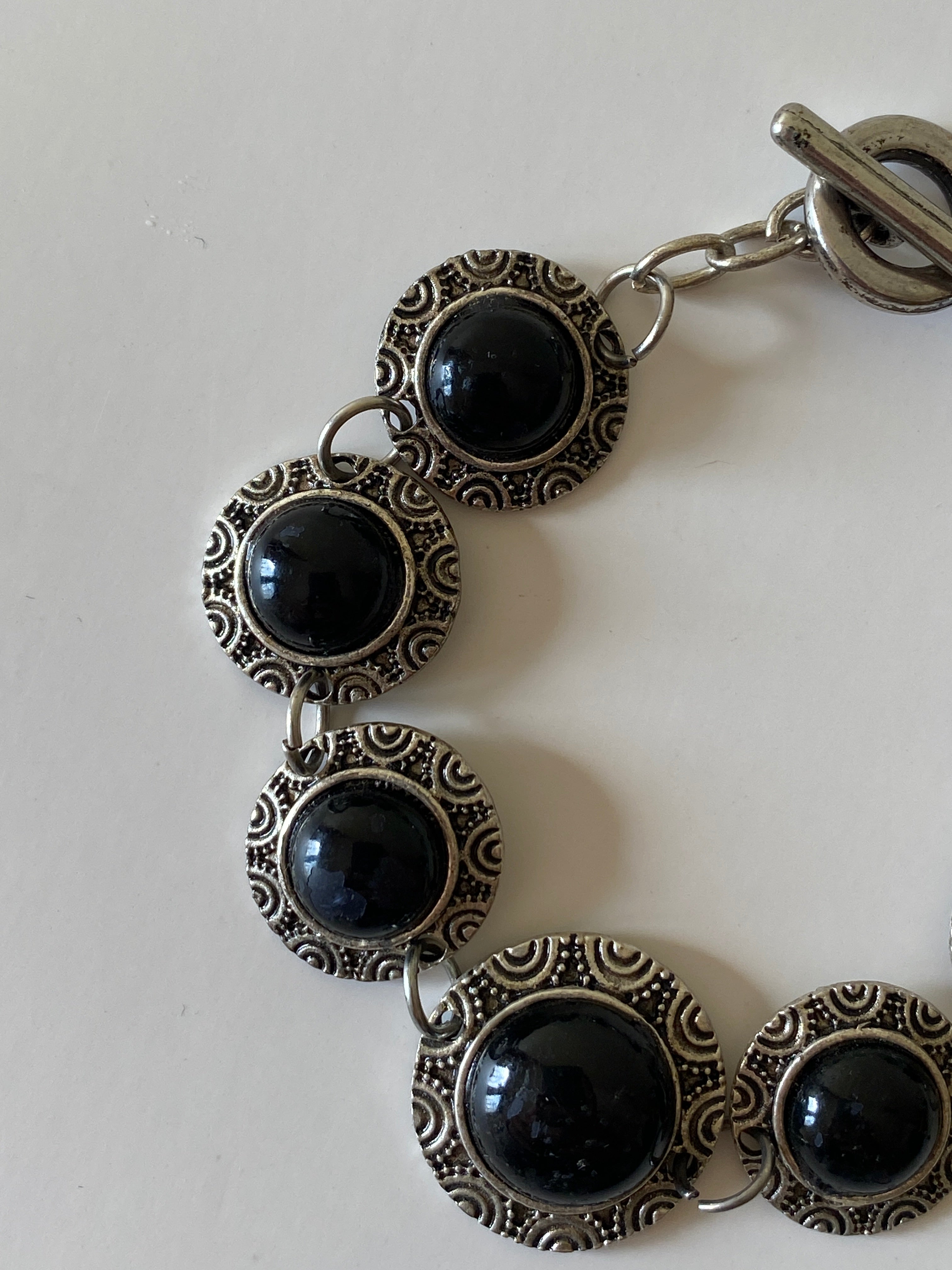 Vintage Silver Tone Black Cabochon Link Bracelet, Boho Statement Bracelet, Chunky Vintage Jewelry